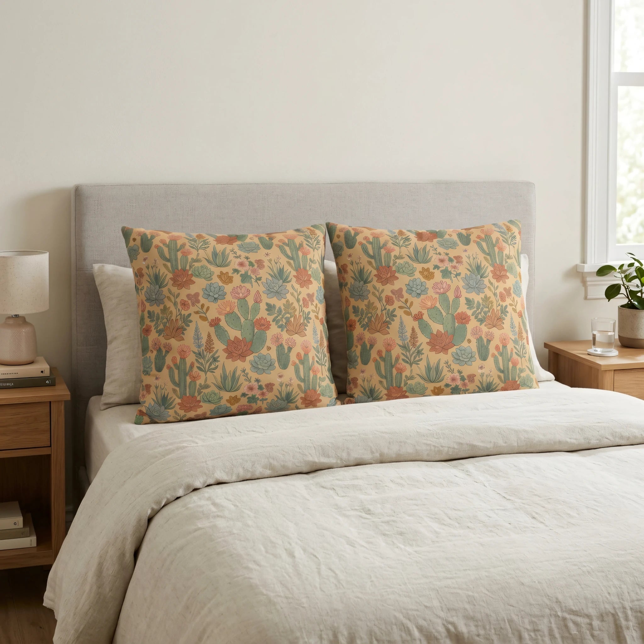 Two square bed pillows featuring a vibrant cactus and succulent pattern in desert tones, styled on a light neutral bed in a modern bedroom.