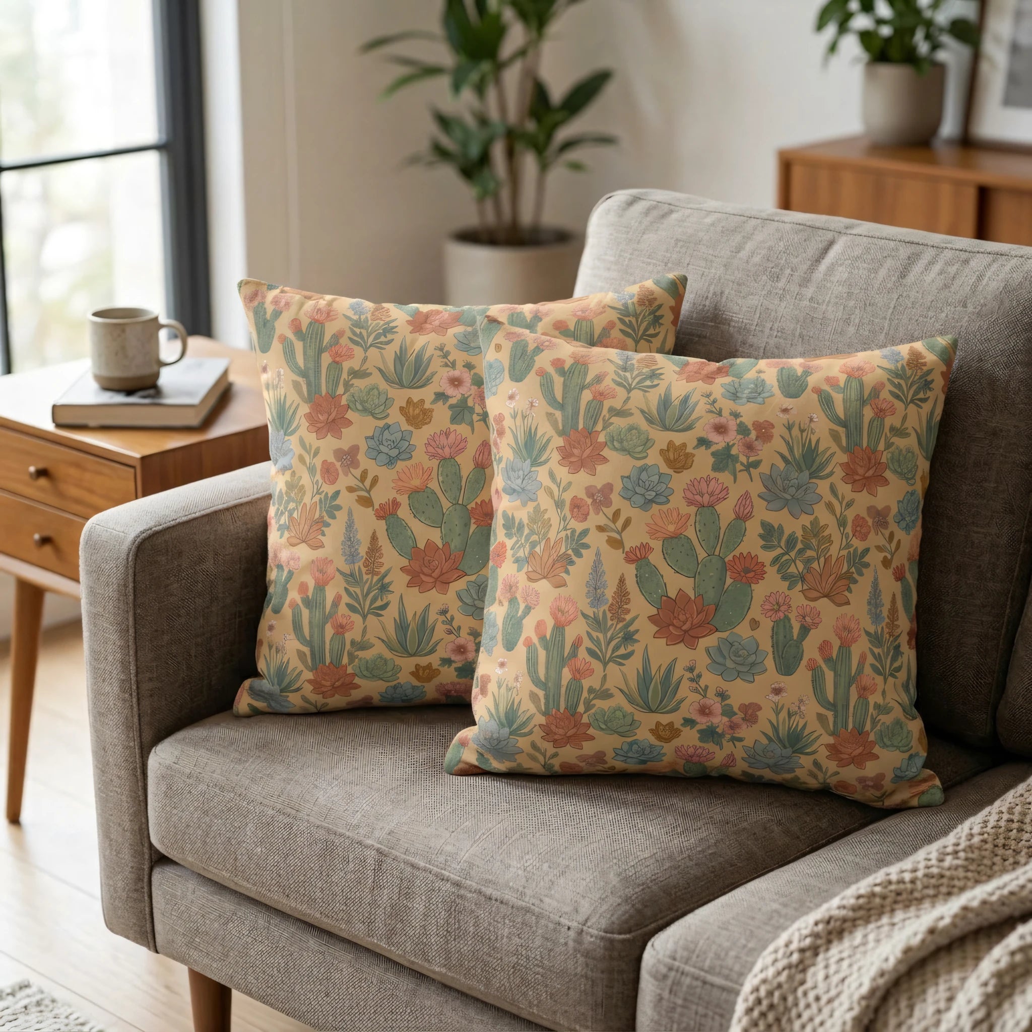 Duo of throw cushions with a desert botanical pattern in sage and peach, styled on a grey sofa in a minimalist, sunlit living room scene.