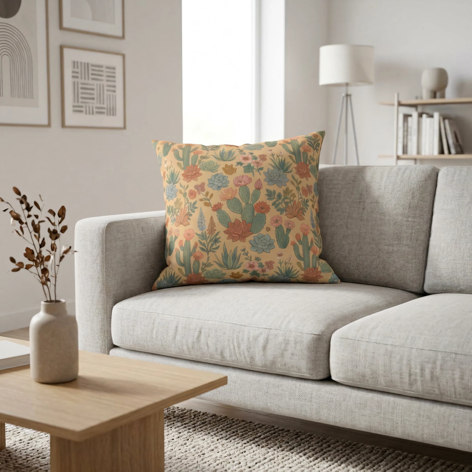 Cactus and floral pattern throw pillow with yellow and orange tones on a gray sofa in a modern minimalist living room lifestyle shot.