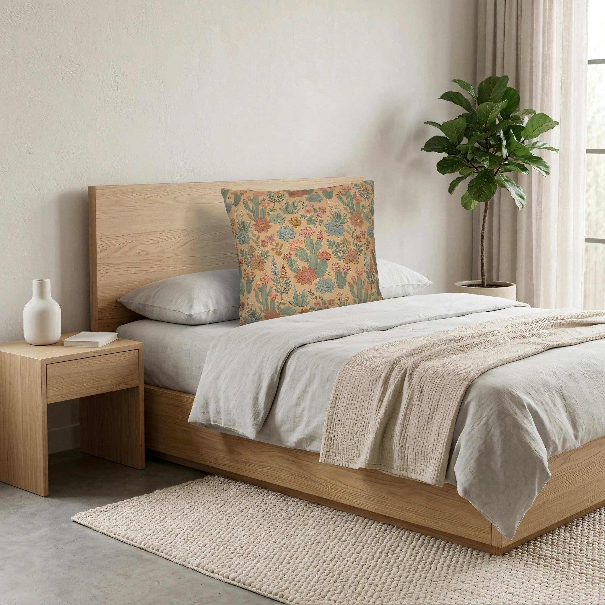 Cactus botanical pattern throw pillow in earth tones on a light wood bed in a minimalist bedroom setting with a fiddle leaf fig plant.