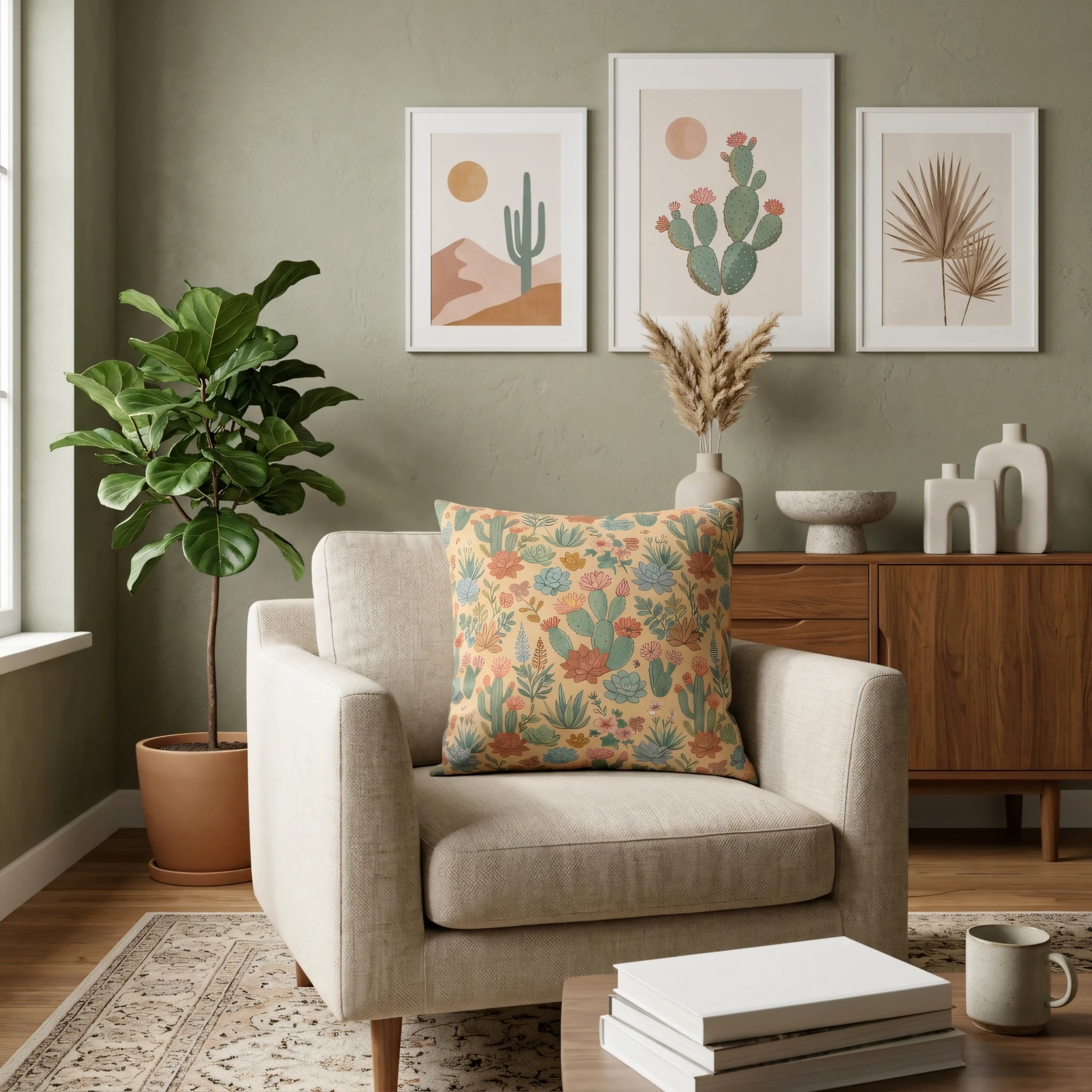 Decorative cactus floral cushion on a cream armchair in a boho living room with green walls, houseplant, and desert-themed framed wall art.