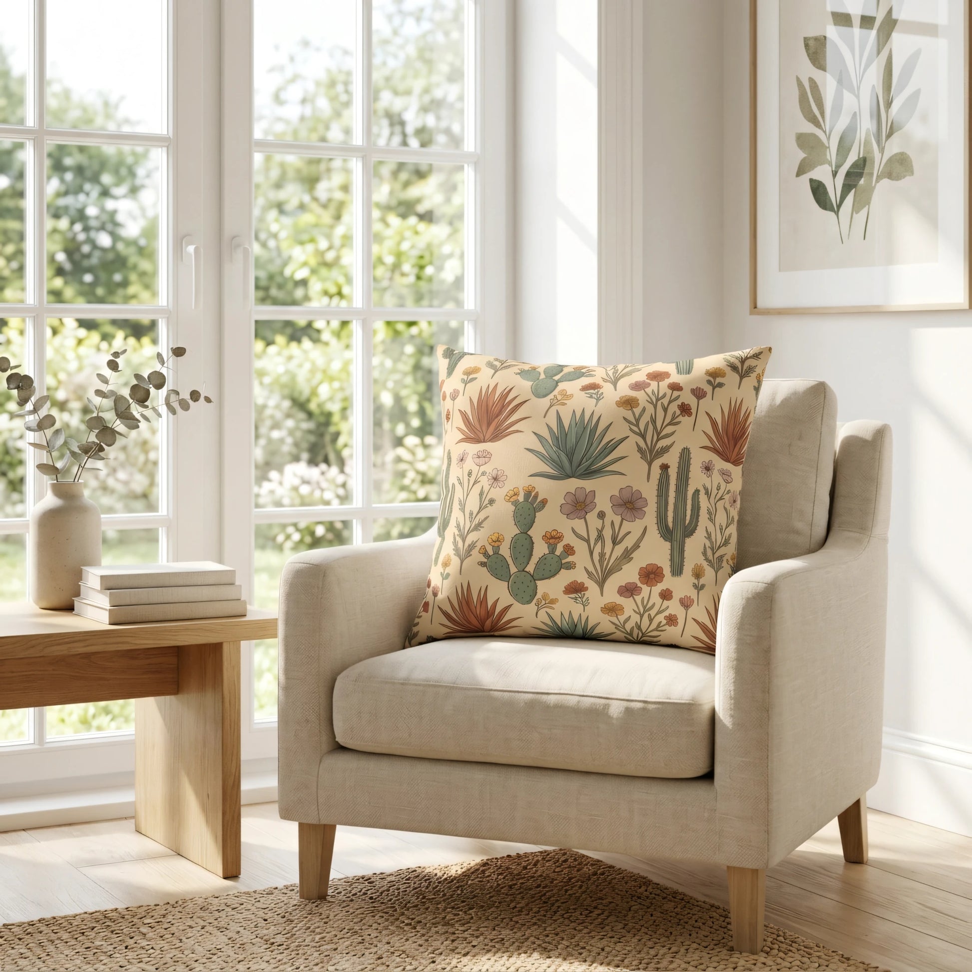 Square desert cactus print pillow on a beige armchair in a bright, sunlit room featuring large windows and natural wood furniture.