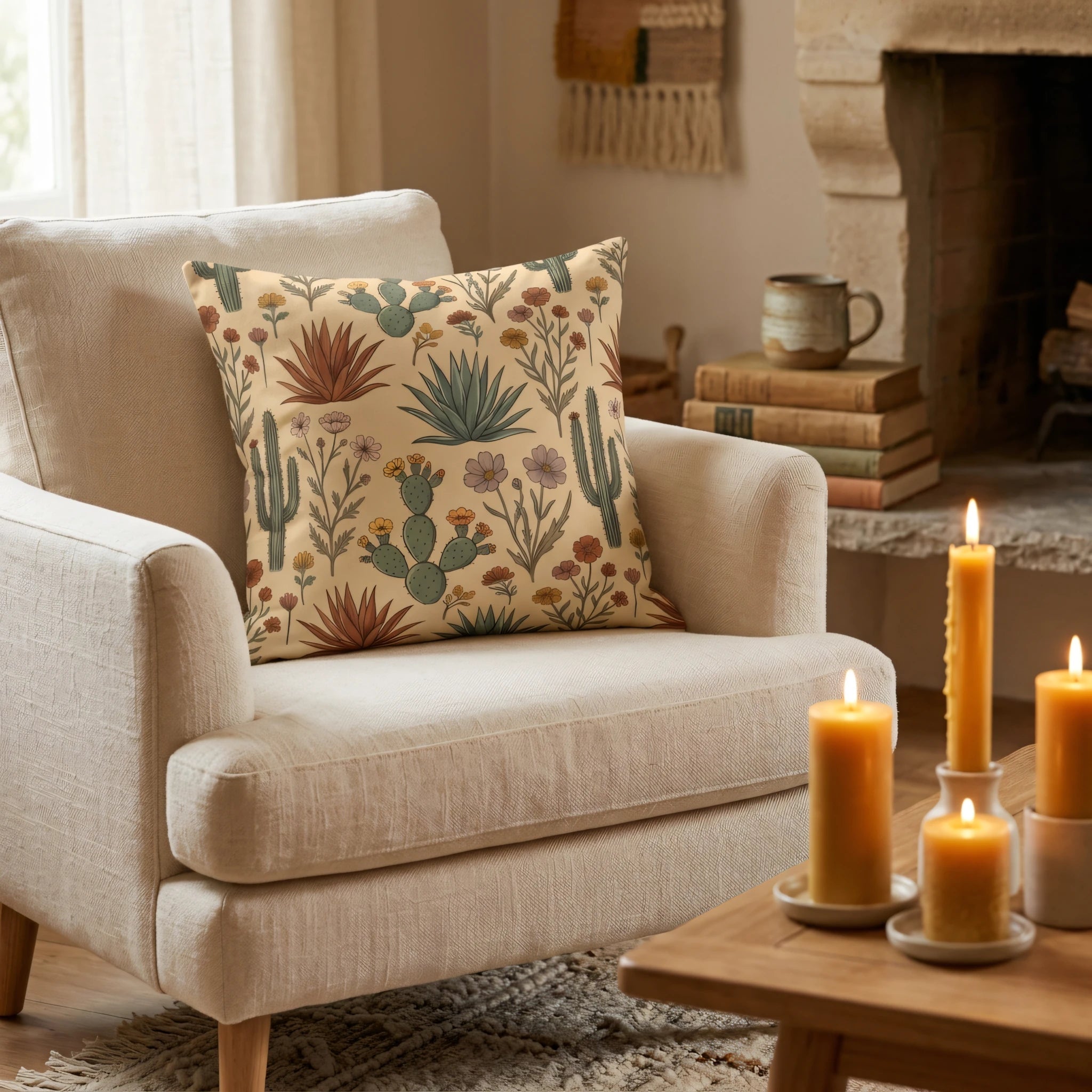Desert botanical print cushion with cactus and agave designs on a cream armchair in a cozy room with glowing candles.