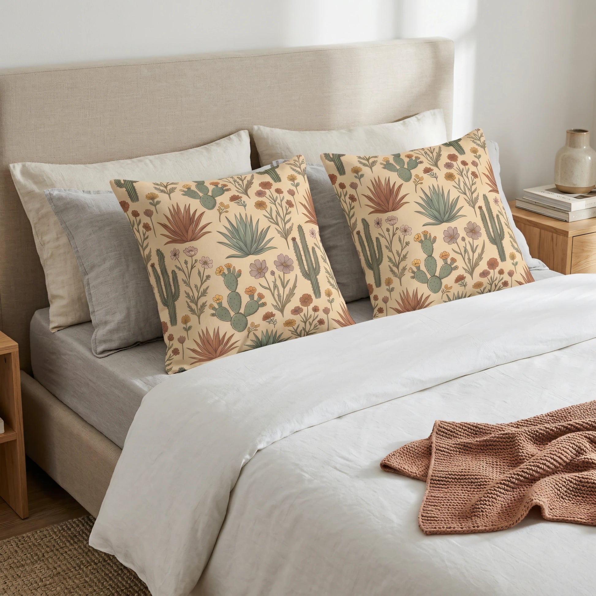 Pair of decorative desert botanical cushions with cactus and floral patterns on a white bed with neutral linens and a modern beige headboard.