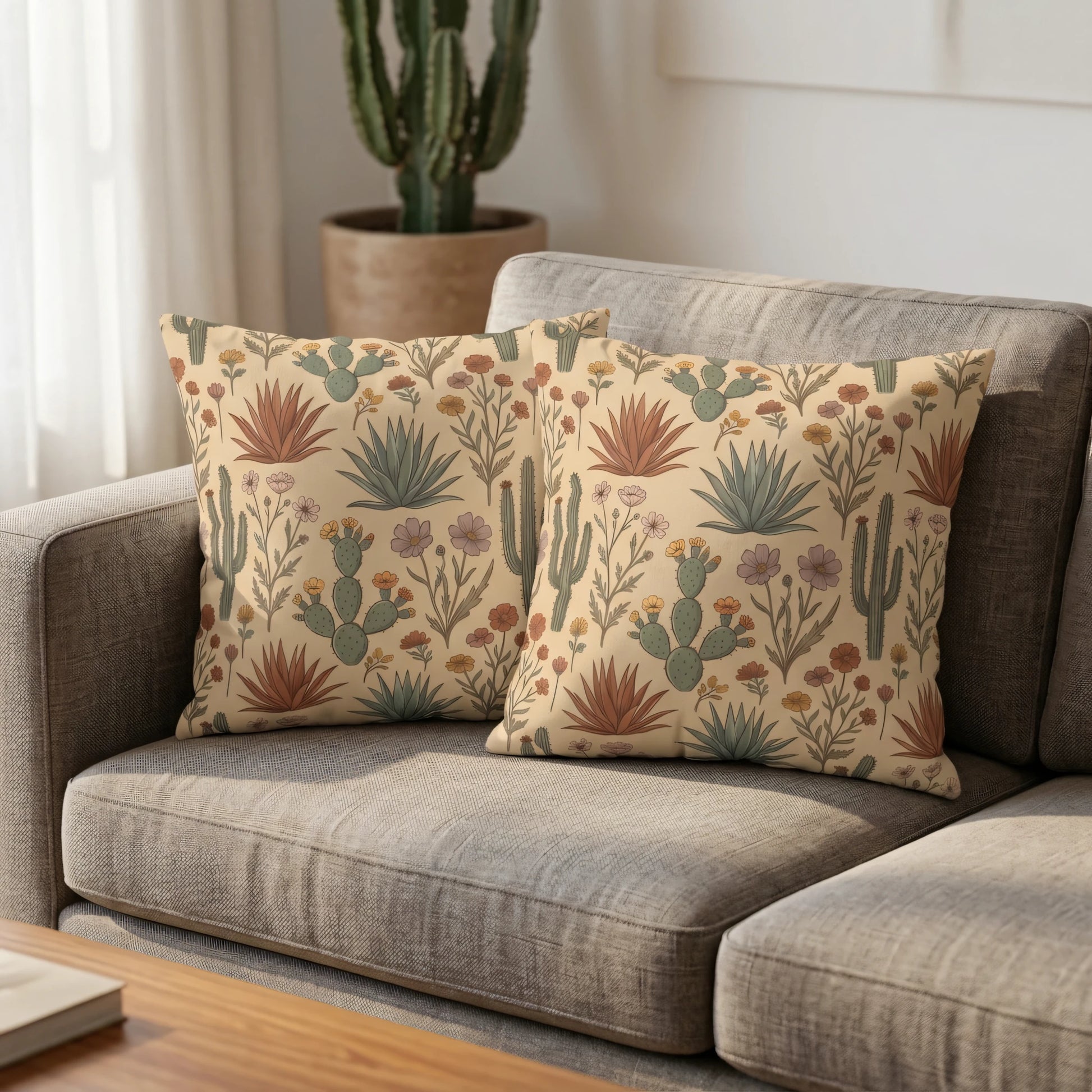 Two square cushions with a vintage desert cactus and flower print in earth tones on a grey fabric sofa in a bright, modern living room.