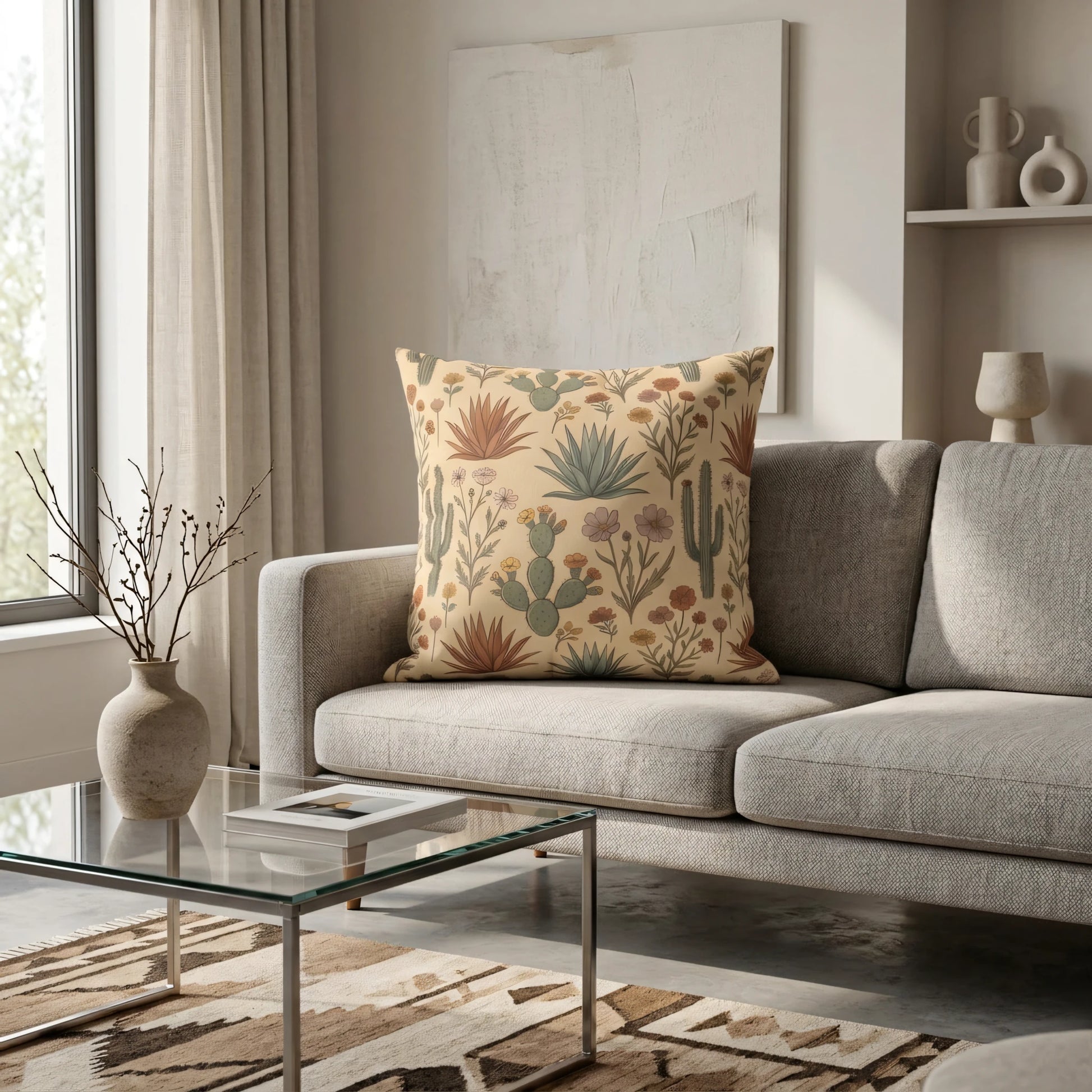 Decorative throw pillow with a desert botanical cactus pattern in earth tones on a grey sofa in a bright, modern living room setting.