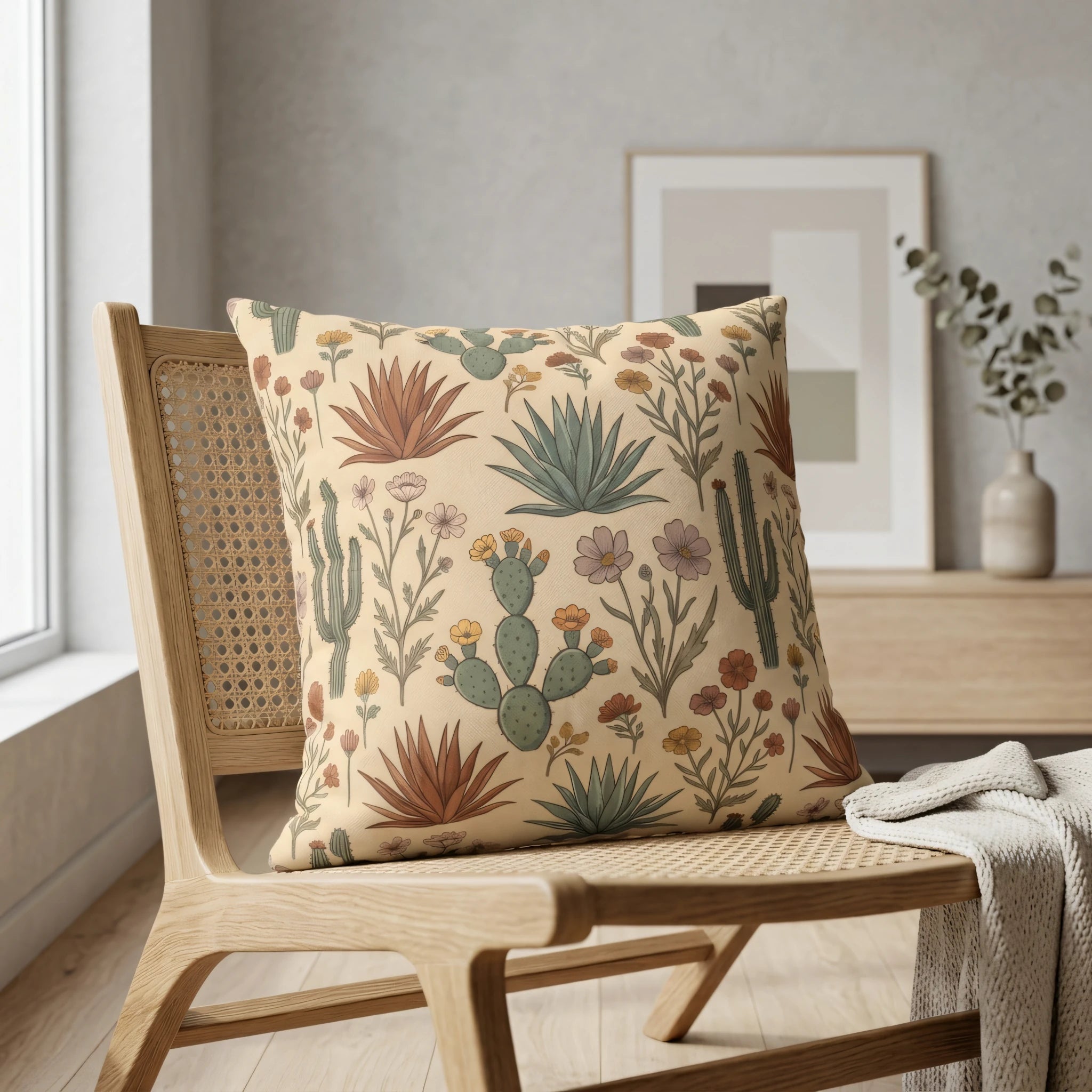 Decorative throw pillow with a desert plant pattern on a minimalist cane chair in a modern, neutral-toned interior lifestyle setting.