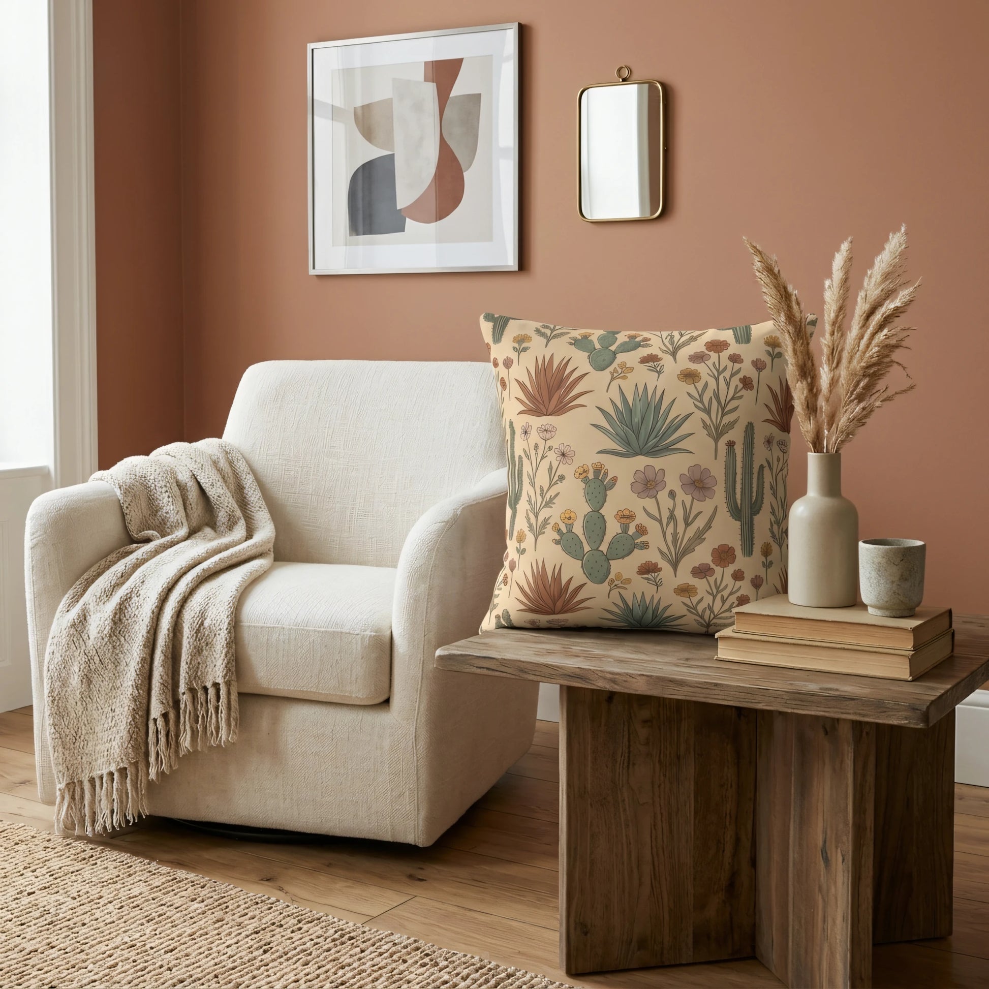 Desert botanical throw pillow featuring cacti and agave patterns on a wooden side table next to a white armchair in a terracotta living room.