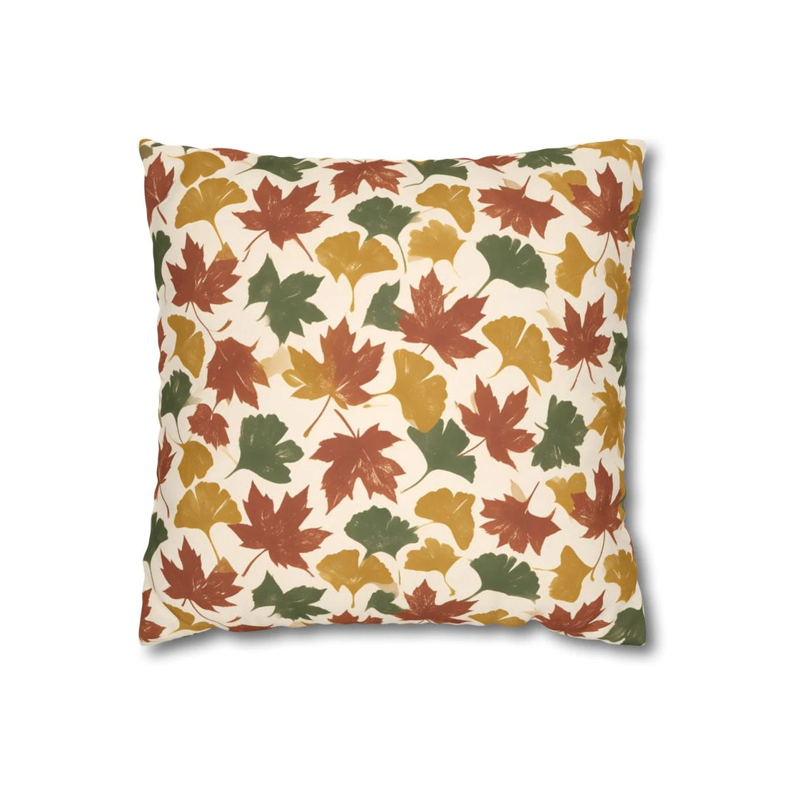 Front view of Rustic Autumnal Foliage Cushion Cover Mustard Rust & Olive Block Print Leaf Pattern on a white background.