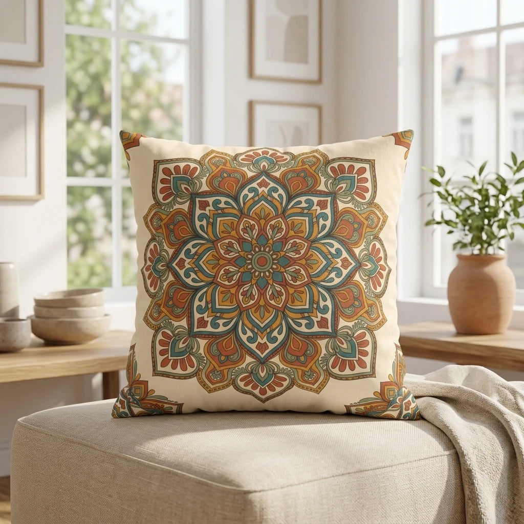 Intricate mandala pattern pillow in earthy tones on a neutral ottoman in a bright, sunlit interior with a plant and wooden accents.