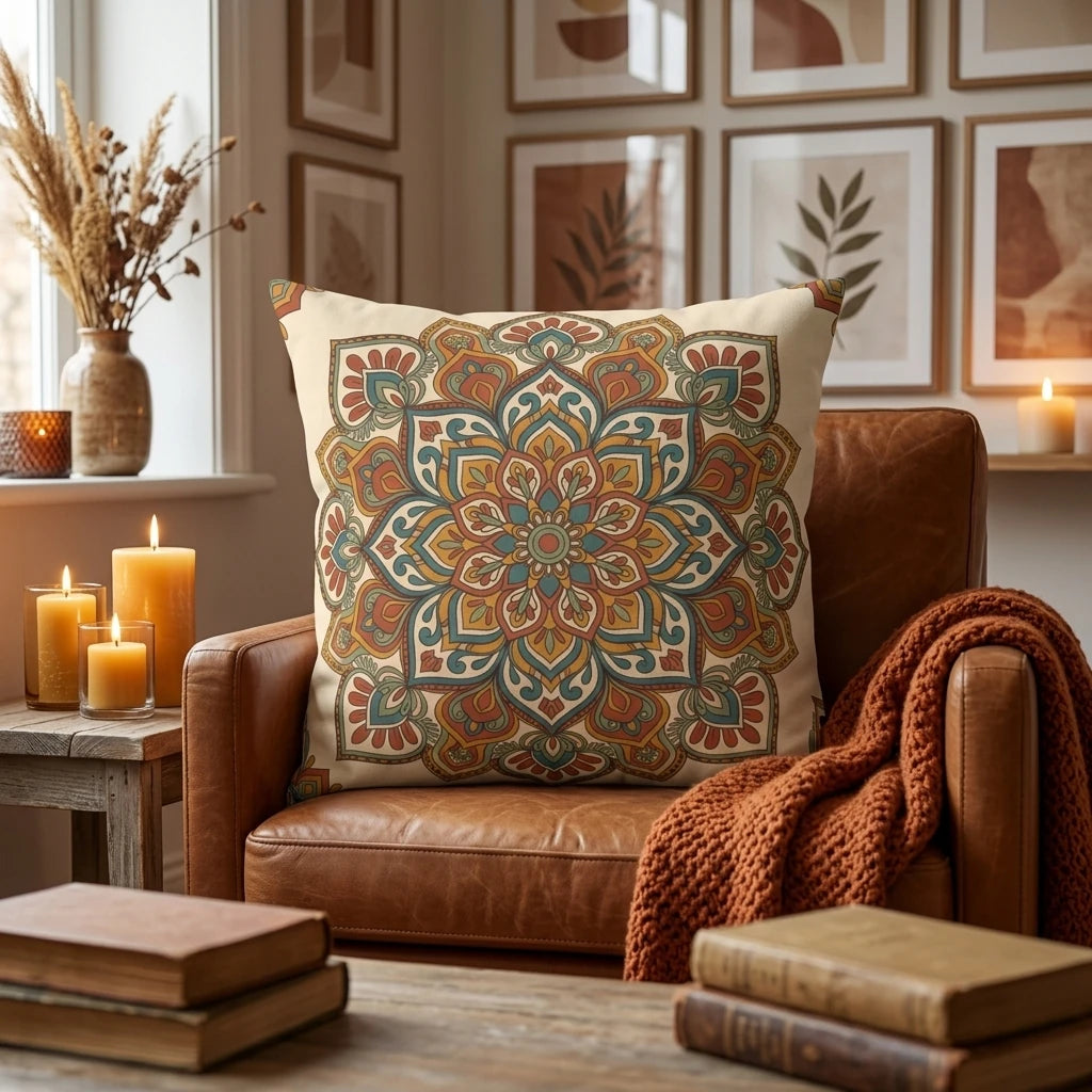Mandala throw pillow with earthy teal and terracotta patterns on a brown leather armchair in a cozy, warm living room setting with candles.