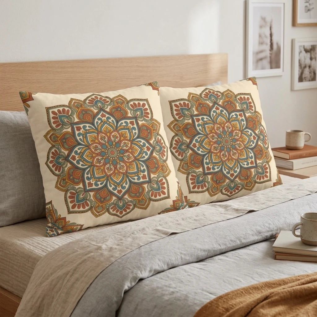 Two decorative cushions with intricate mandala patterns in earth tones, styled on a cozy bed with neutral linens and a light wooden headboard.
