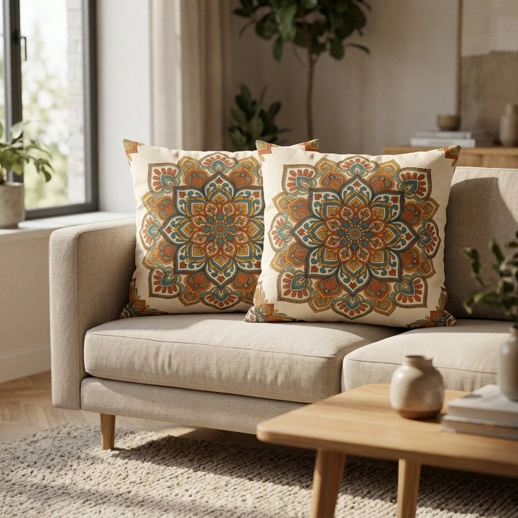 Duo of mandala cushions with orange and teal patterns on a neutral sofa in a bright, modern living room lifestyle interior shot.