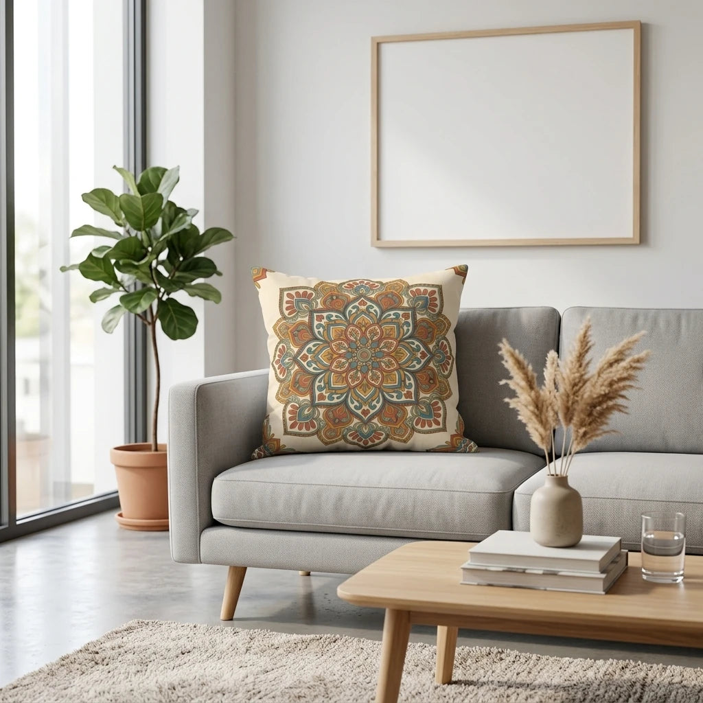 Colorful mandala cushion in orange and teal on a gray sofa in a bright, modern living room featuring minimalist wooden decor.