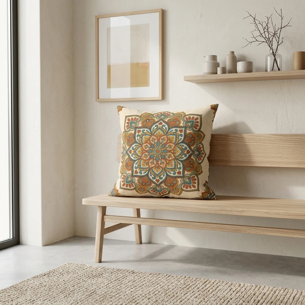 Decorative mandala pattern cushion in orange and teal on a light wood bench in a minimalist interior with neutral walls and a woven rug.