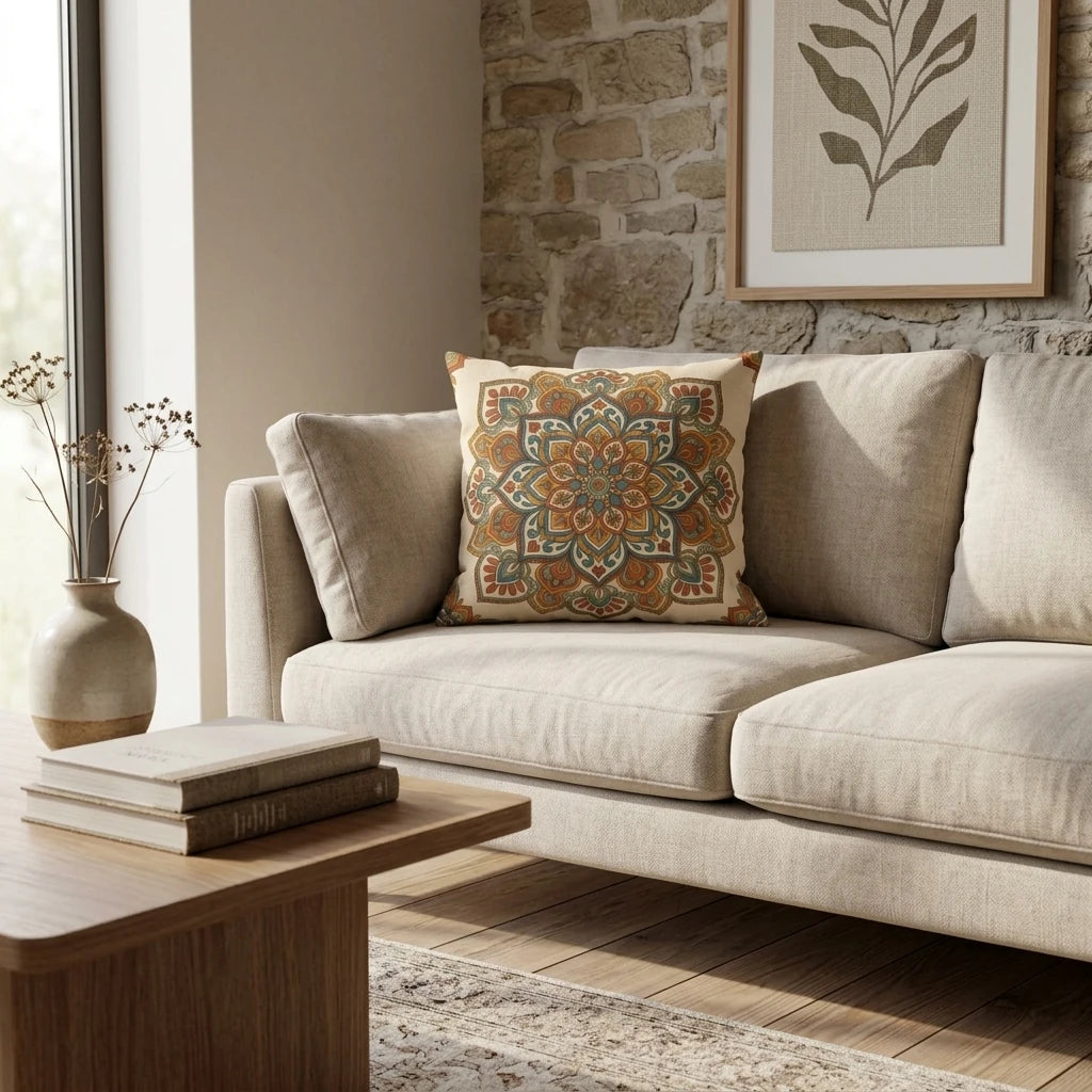 Mandala patterned cushion in earthy tones resting on a beige sofa in a rustic-modern living room with stone walls and wooden furniture.