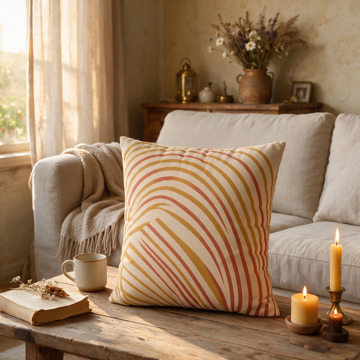 Bohemian throw pillow with mustard and orange wavy arches on a wooden table in a cozy, sunlit living room with candles and a sofa.