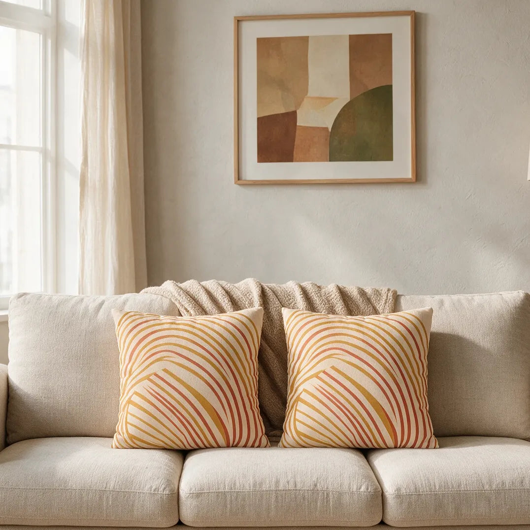 Two decorative cushions with abstract terracotta and mustard yellow arch patterns on a beige sofa in a minimalist, modern living room.