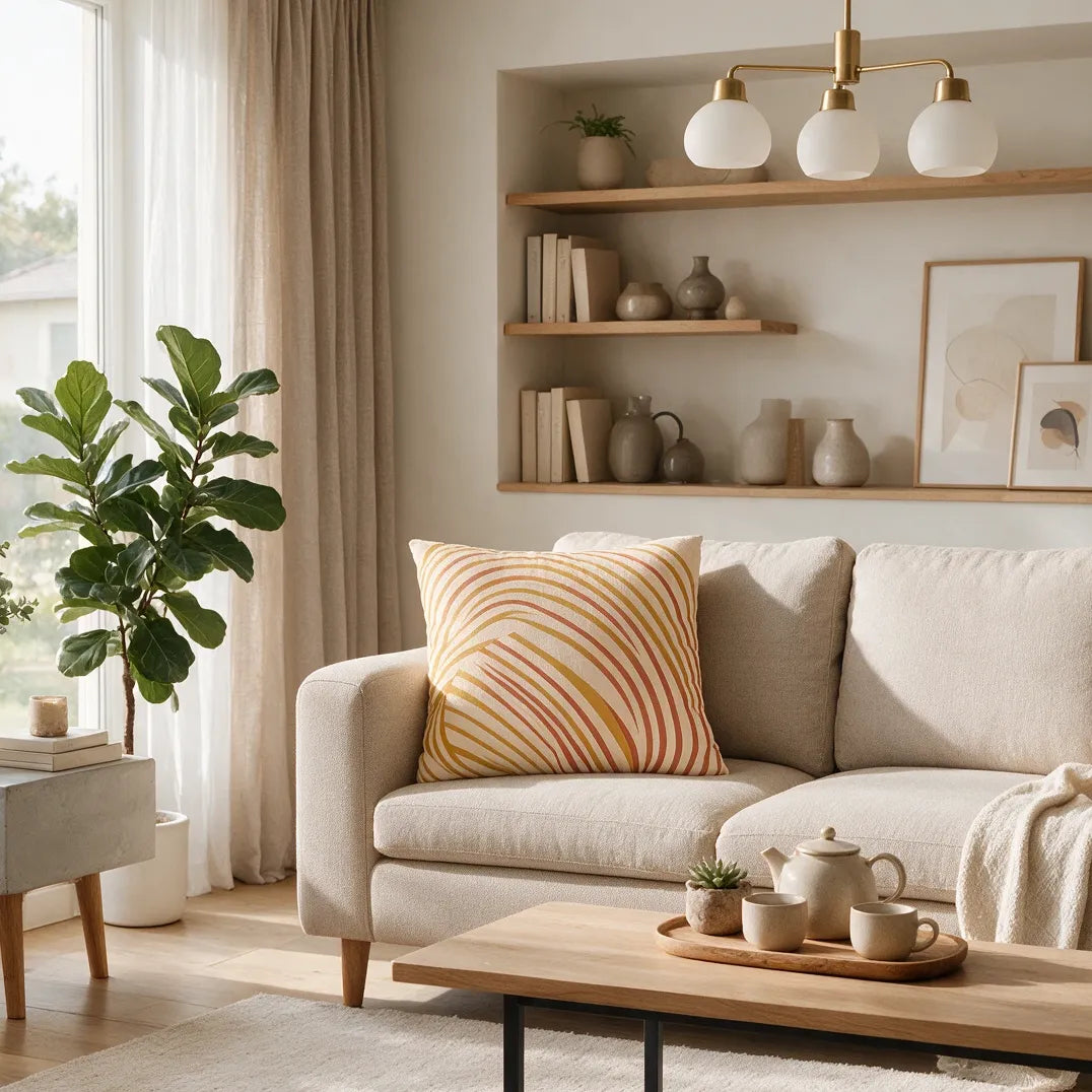 Front view of Radiant Minimalist Boho Cushion Cover - Sand & Ochre Arcs on a white background.