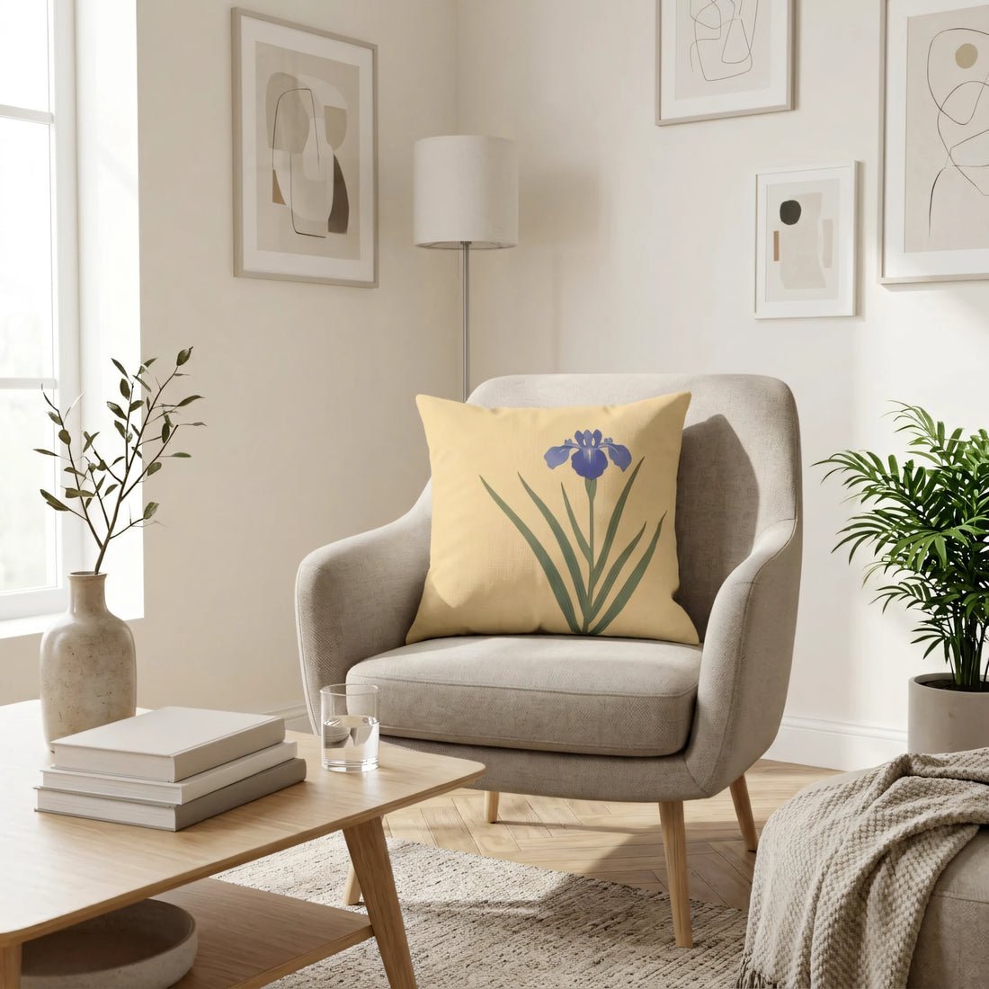 Front view of Traditional Ukiyo-e Cushion Case Ochre and on a white background.