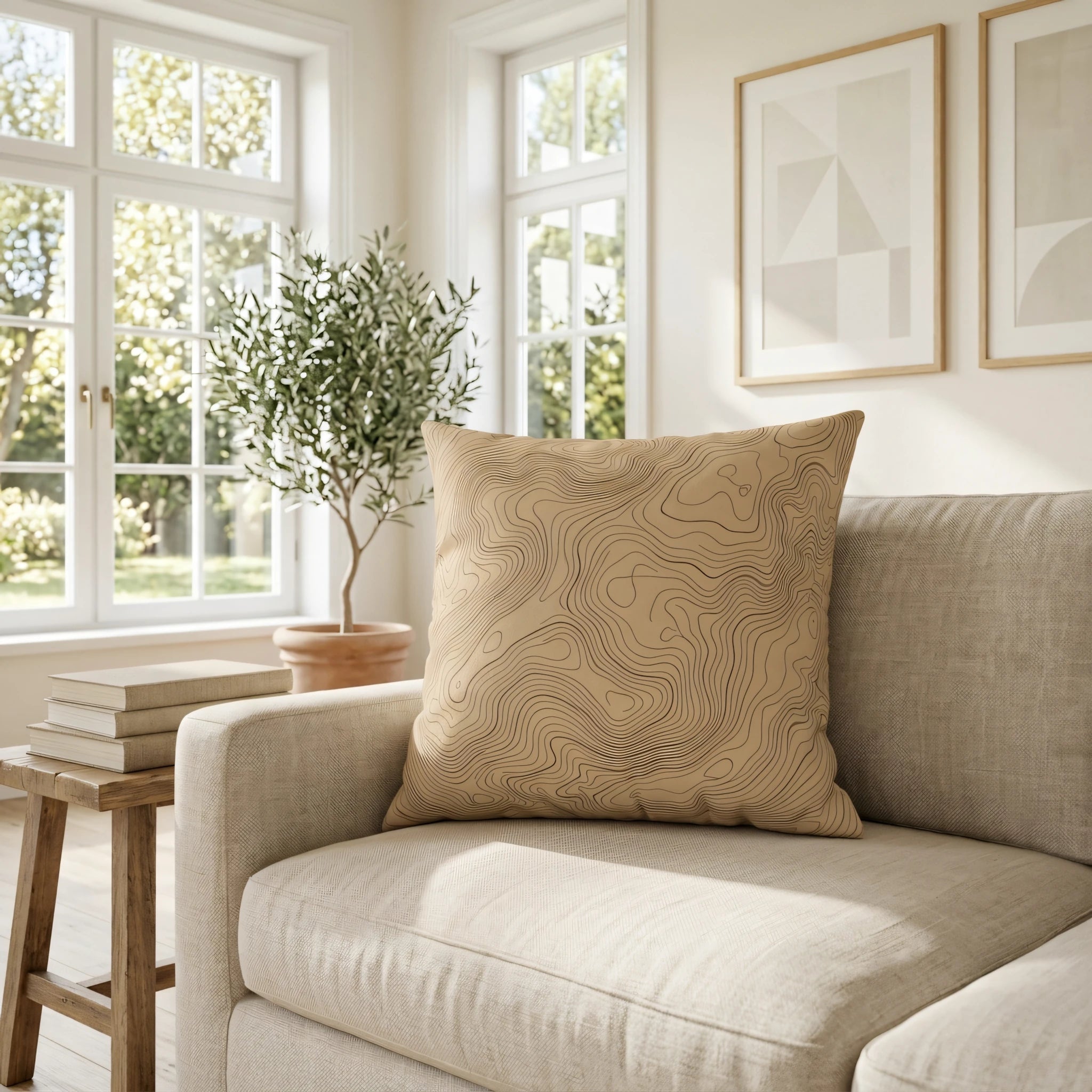 Beige throw pillow with a black topographic map design on a neutral sofa in a bright, sunlit living room featuring an olive tree and large windows.