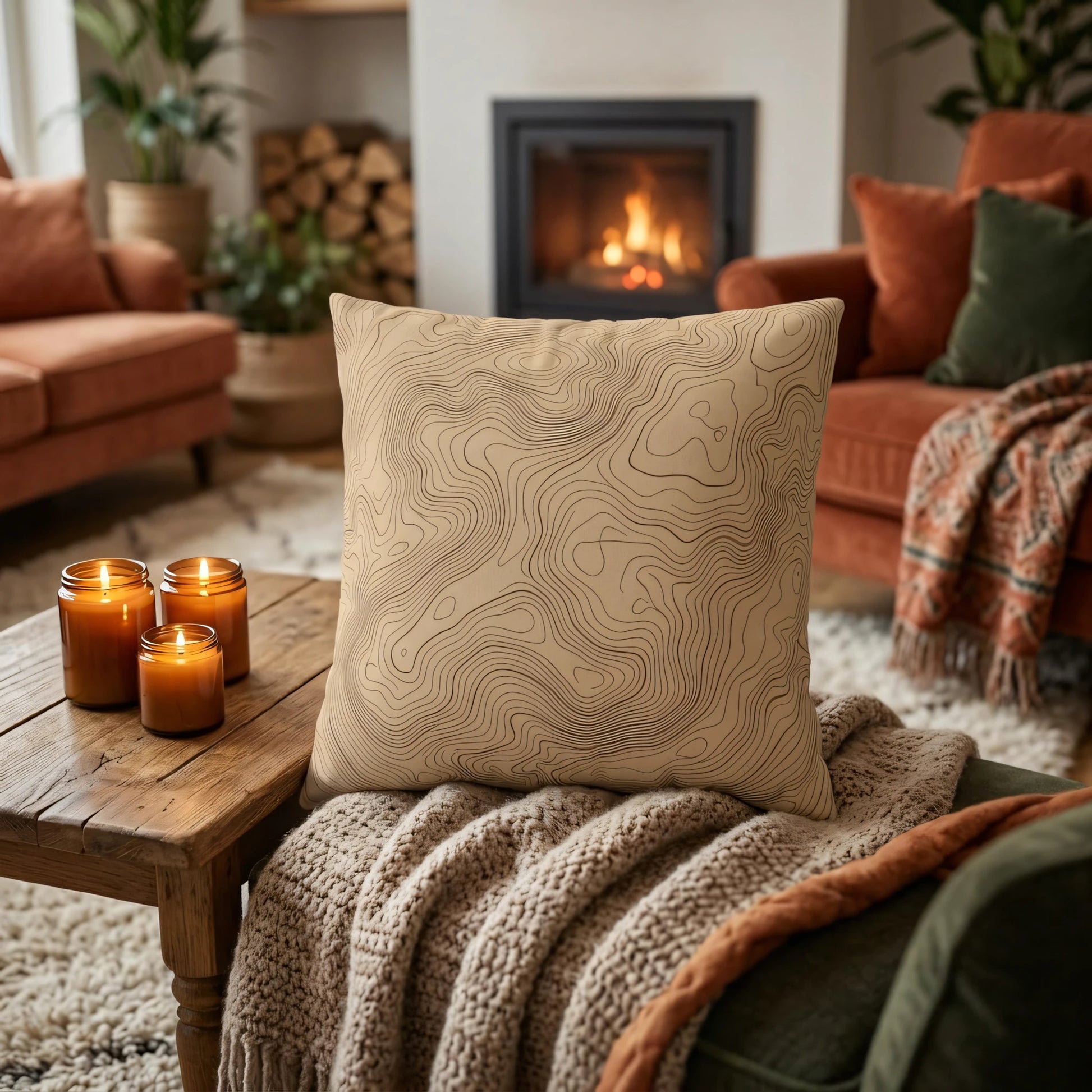 Tan decorative throw pillow with black topographic contour lines in a cozy living room featuring a warm fireplace and candles.