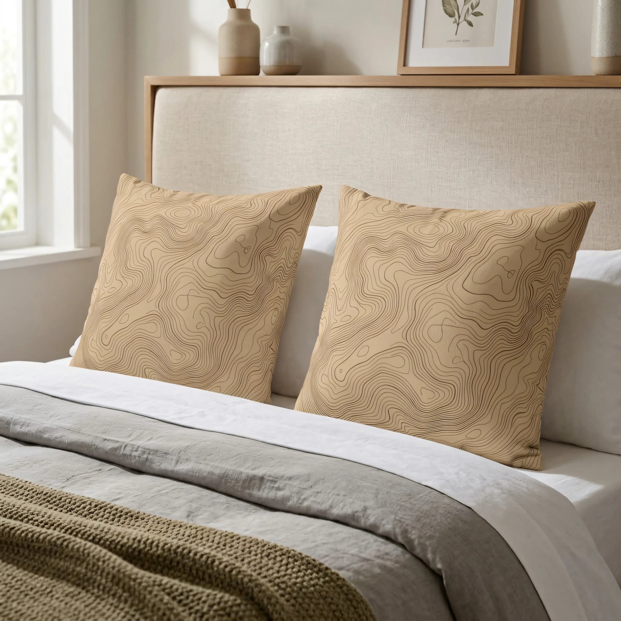 Pair of beige decorative cushions featuring a dark topographic line pattern on a neutral bed with a grey duvet and textured throw.