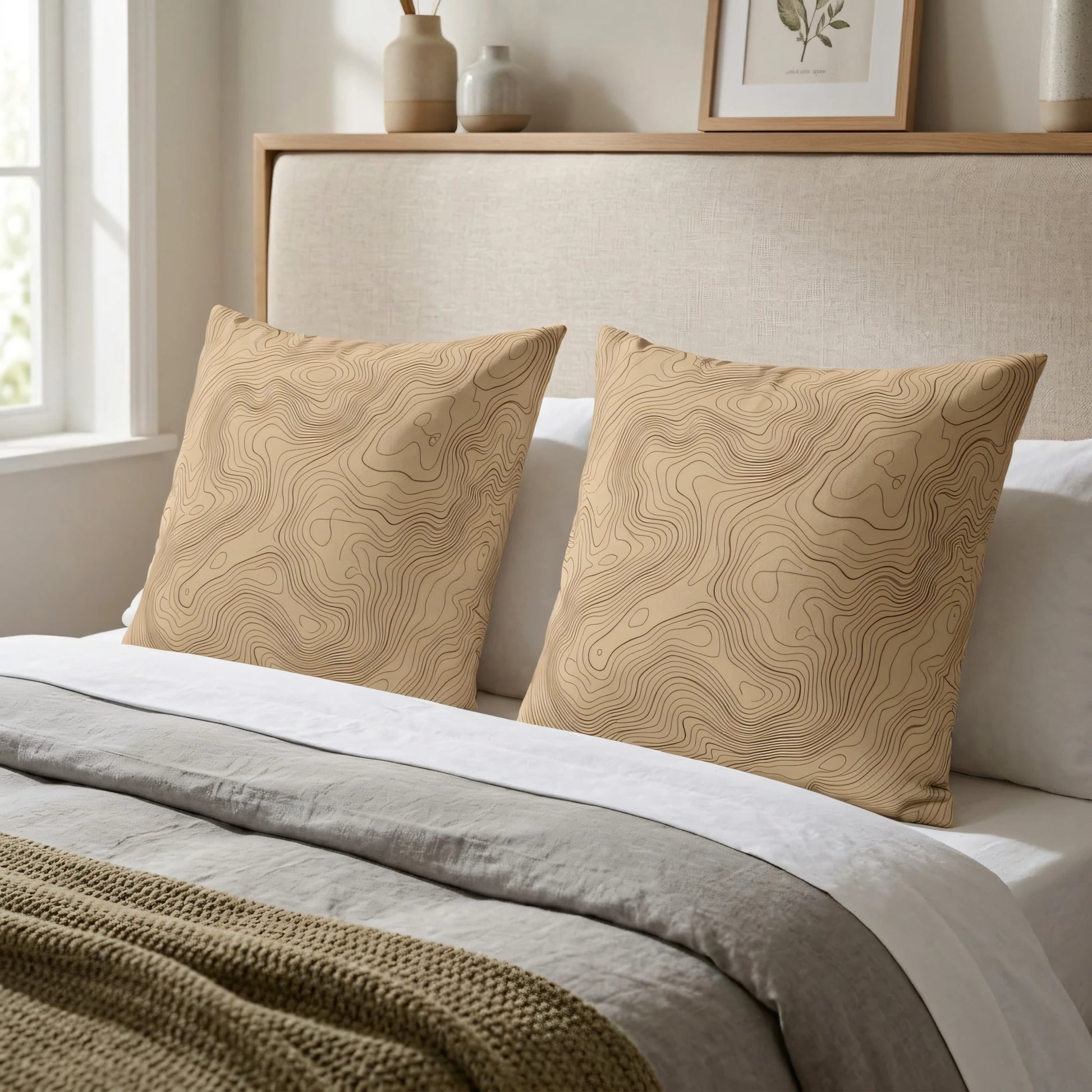 Pair of beige decorative cushions featuring a dark topographic line pattern on a neutral bed with a grey duvet and textured throw.