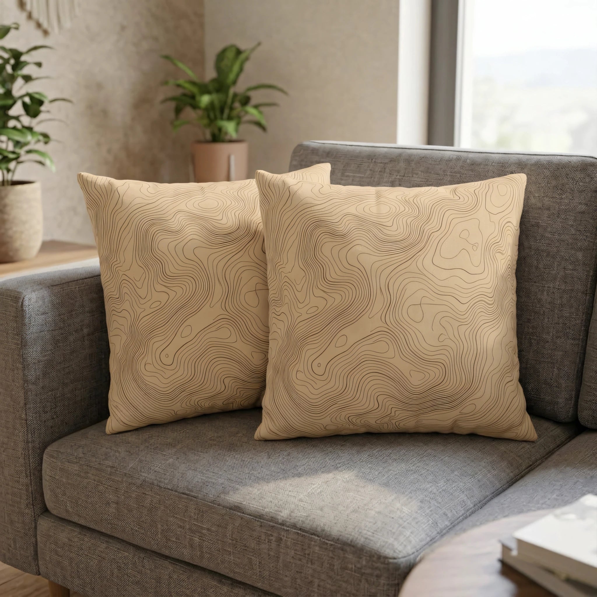 Two beige topographic map cushions on a gray fabric sofa in a minimalist living room with houseplants, showcasing a stylish duo.