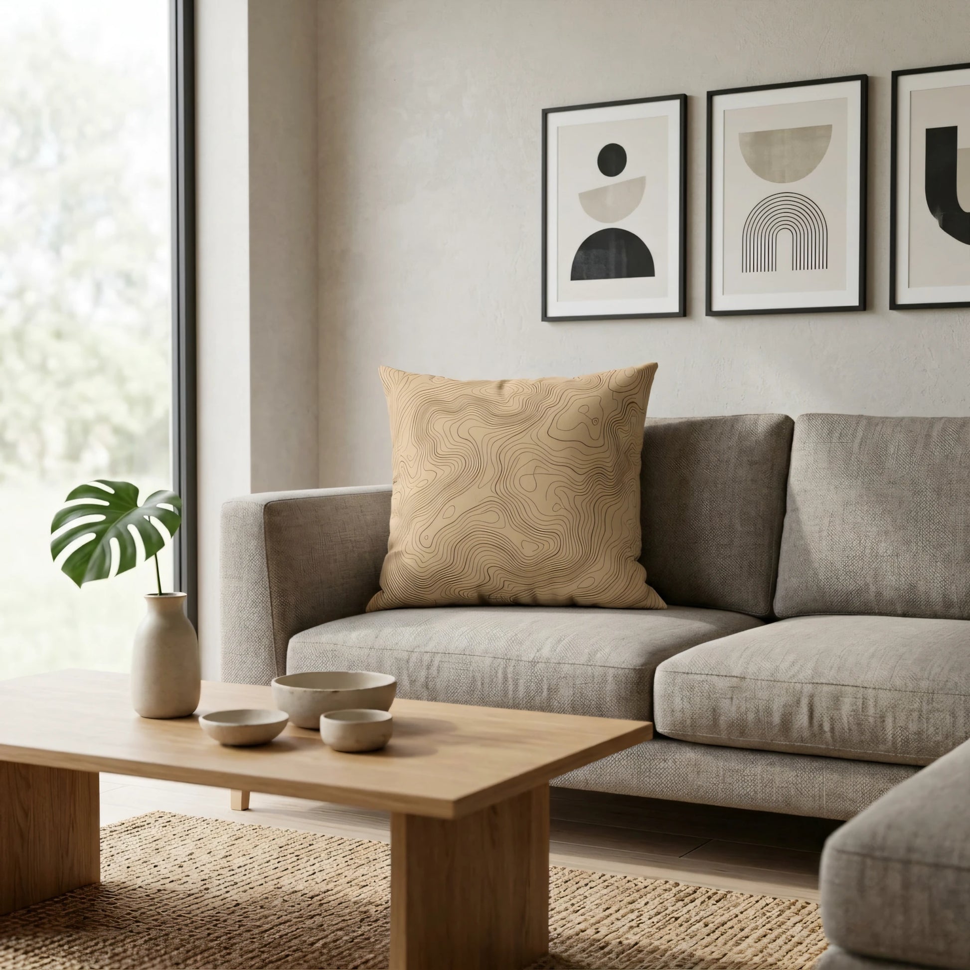 Tan topographic map pattern pillow on a grey couch in a modern living room setting with wooden coffee table and abstract framed wall art.