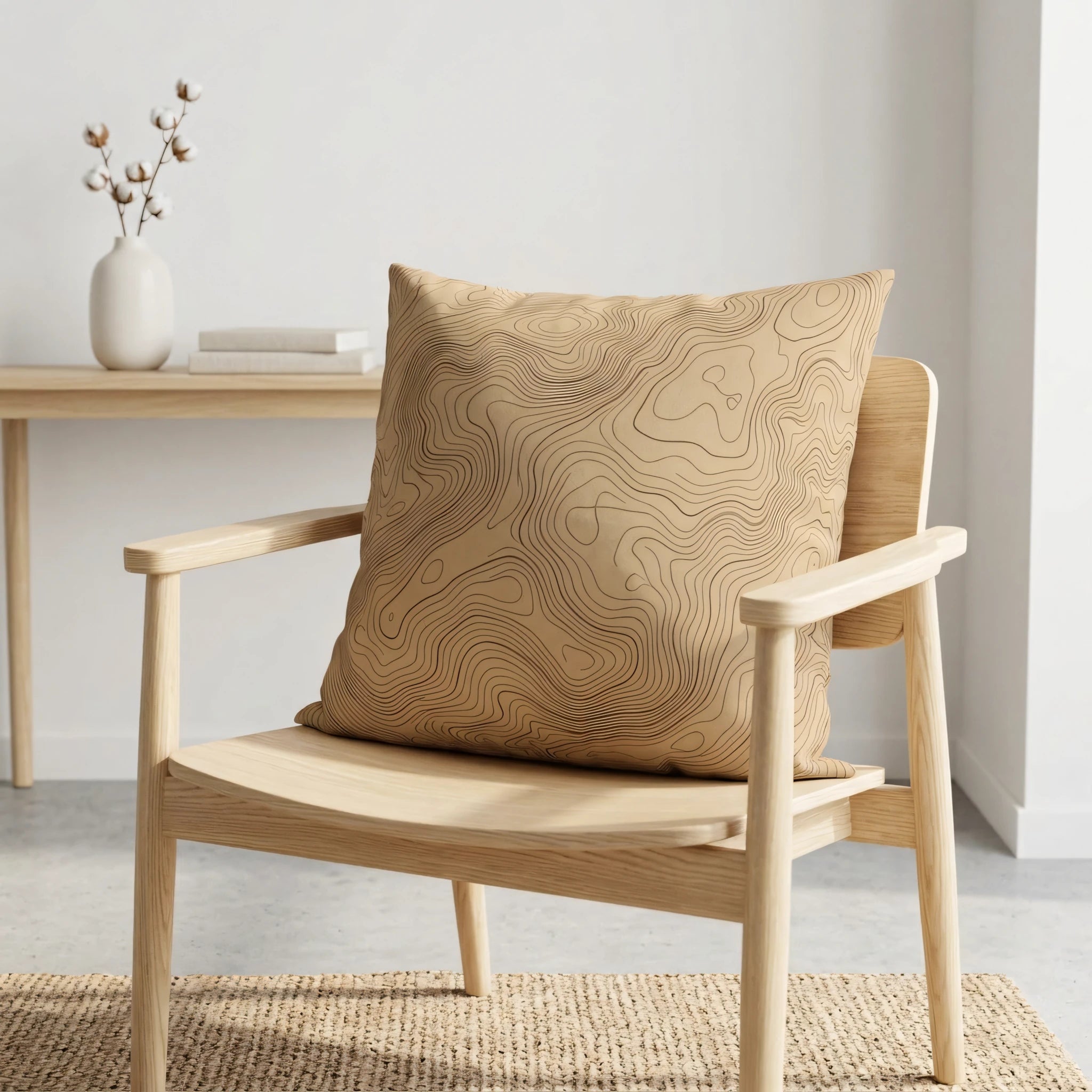 Beige topographic map print cushion on a light wood armchair in a minimalist interior with neutral tones and white walls.