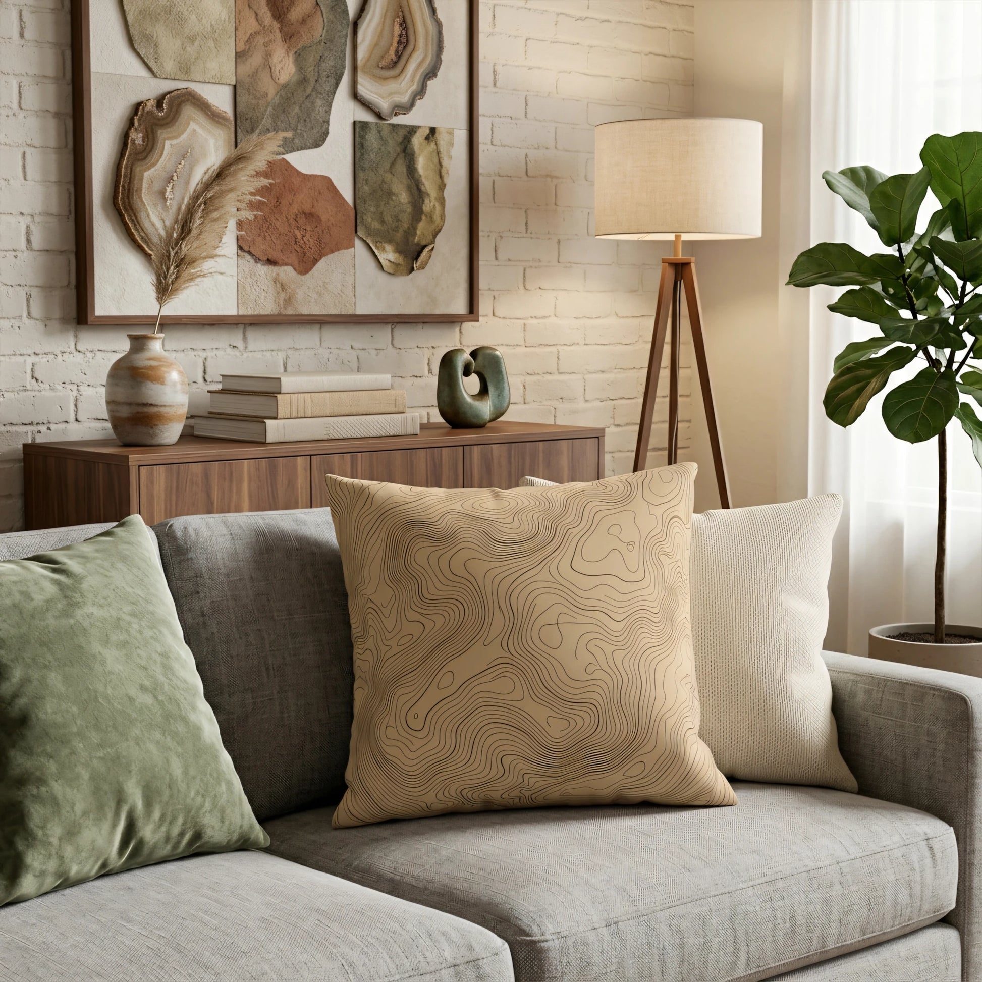 Tan topographic print throw pillow on a gray sofa in a modern living room with a tripod lamp and sage green accent cushion.