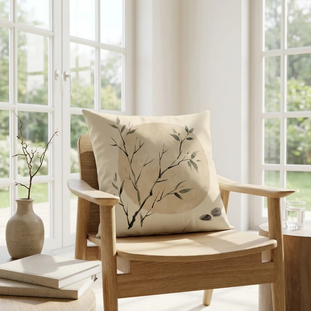 Minimalist botanical throw pillow with a tree branch design on a wooden armchair in a bright, sunlit room with large windows.