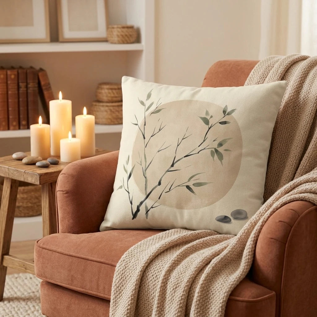 Minimalist zen pillow with botanical leaf design on a terracotta armchair in a cozy living room with lit candles and a knitted throw.
