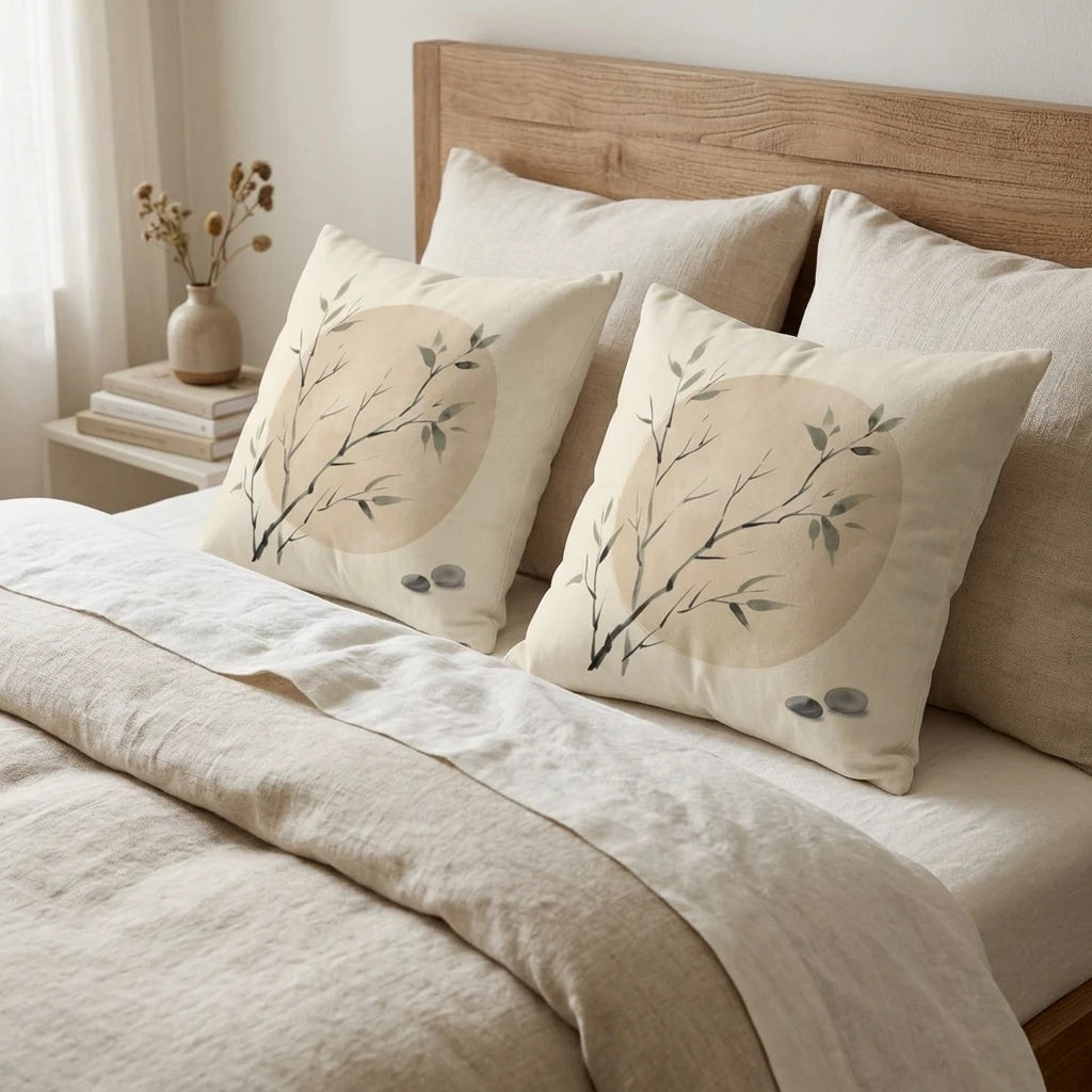 Two decorative cushions with a minimalist branch and peach sun design on a cozy bed with natural linen bedding and a wooden headboard.