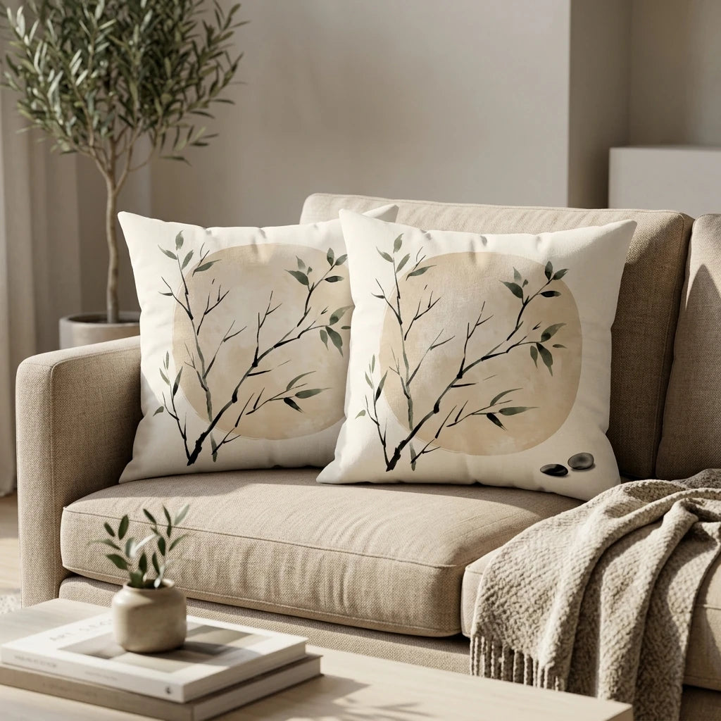 Two decorative pillows featuring a minimalist branch and sun design on a beige sofa in a cozy, modern living room lifestyle scene.