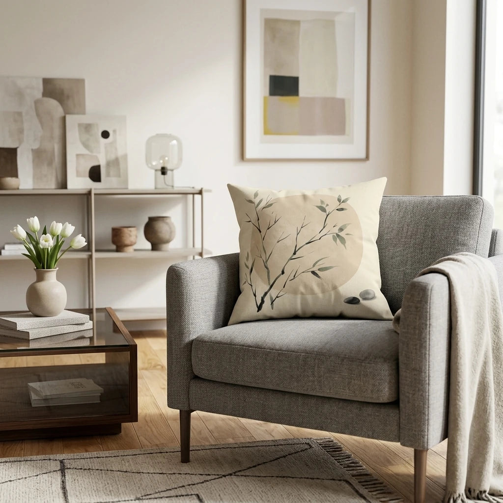 Minimalist botanical throw pillow with branch pattern on a gray armchair in a modern living room setting with elegant white tulip decor.