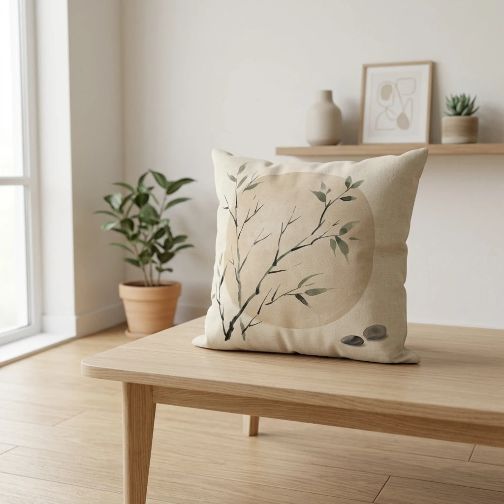 Minimalist cream cushion with a watercolor botanical branch print on a light wood coffee table in a serene, modern living room interior.