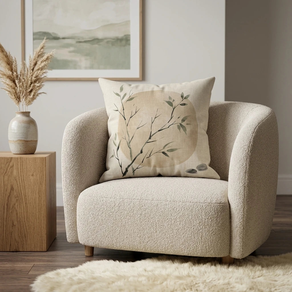 Zen botanical cushion with a branch print on a cream bouclé armchair in a minimalist living room with pampas grass and neutral decor.
