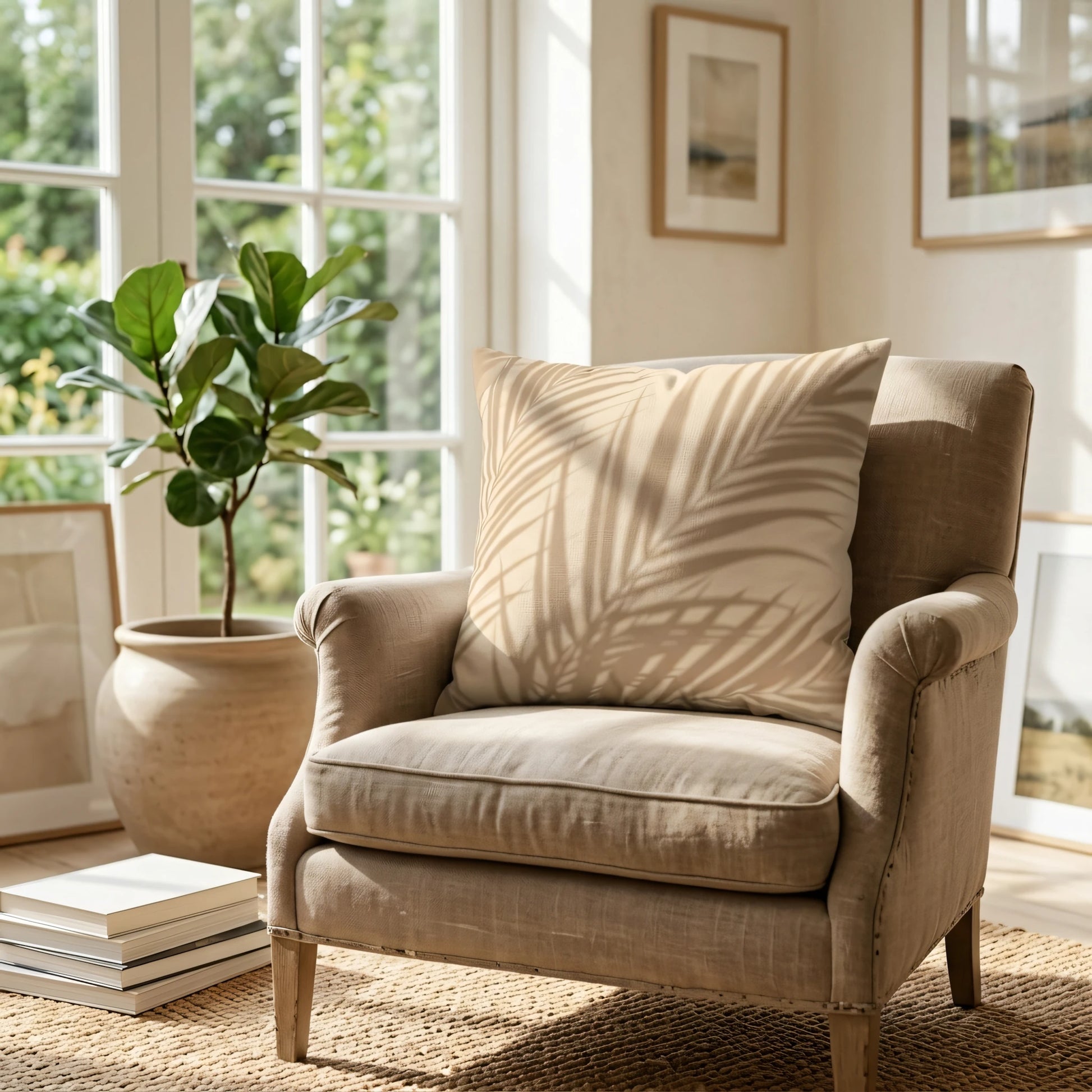 Beige palm leaf pattern throw pillow on a neutral armchair in a bright, sunlit living room with a large window and a green potted plant.
