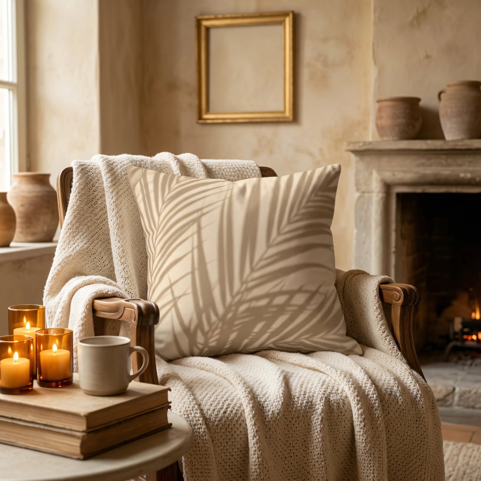 Cream throw pillow with a palm frond shadow print on a cozy armchair with a knit blanket and candles in a warm, rustic living room setting.