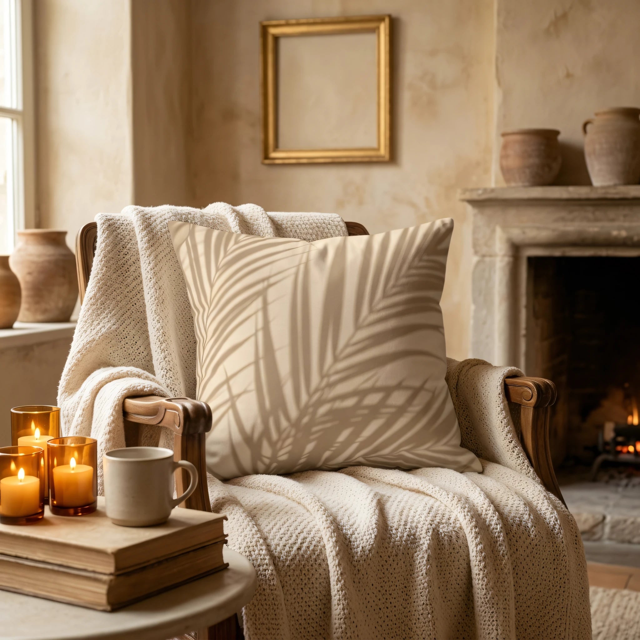 Cream throw pillow with a palm frond shadow print on a cozy armchair with a knit blanket and candles in a warm, rustic living room setting.
