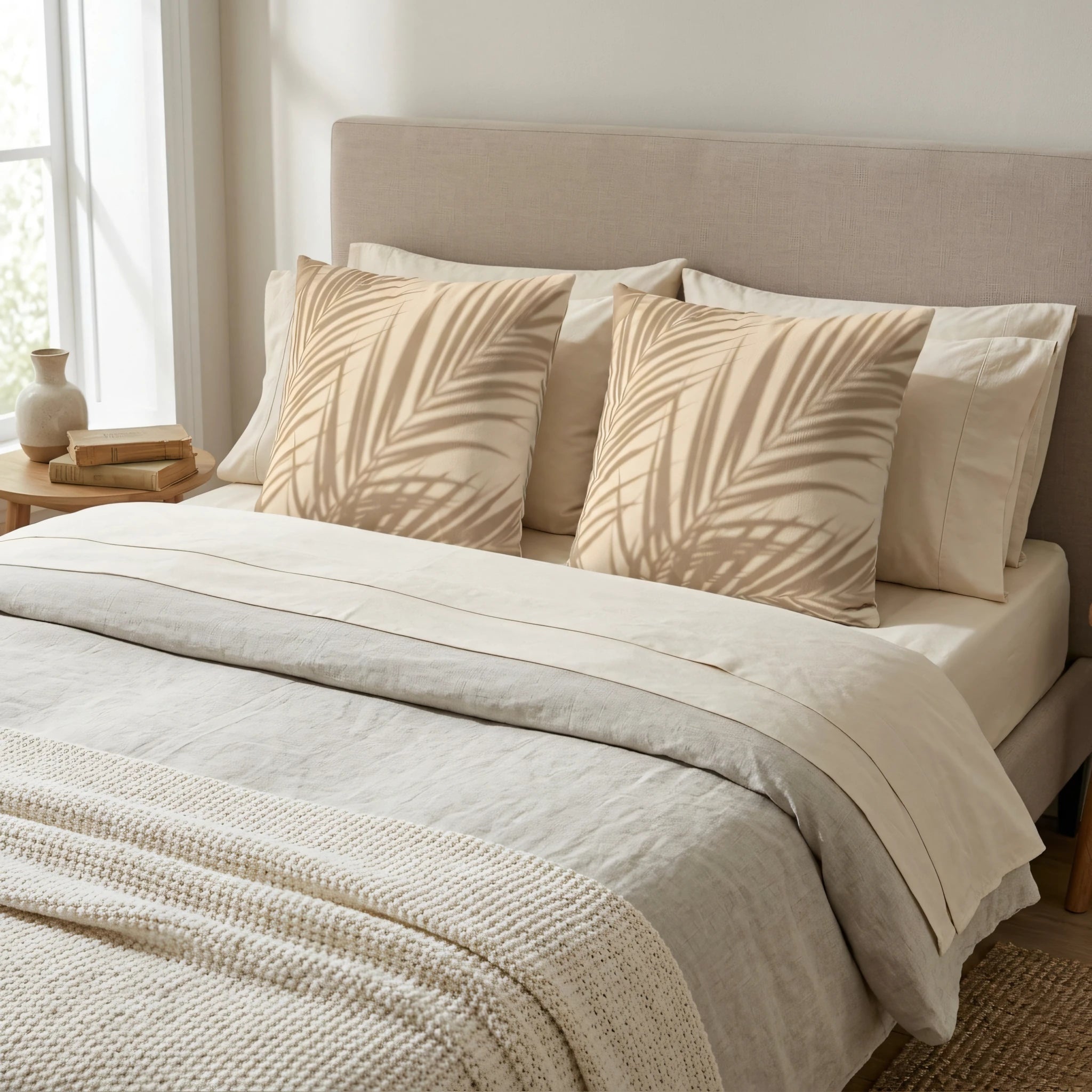 Pair of beige decorative pillows with a palm leaf shadow pattern on a neutral linen bed in a cozy, modern bedroom lifestyle setting.