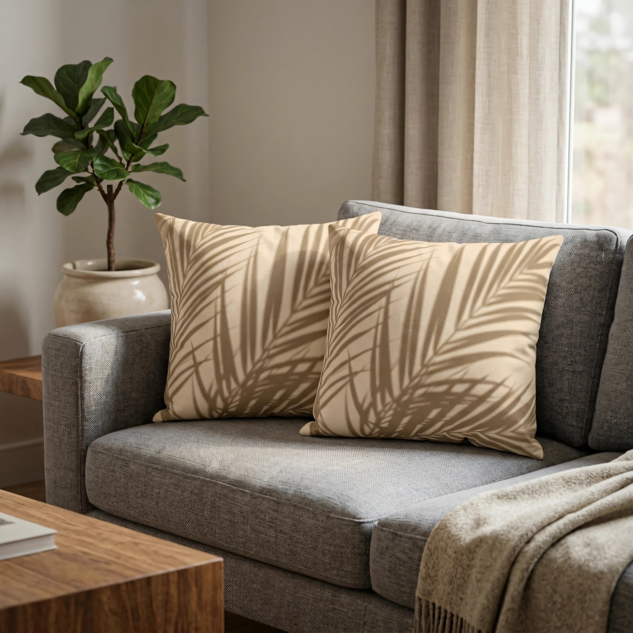 Pair of beige cushions with palm leaf shadow designs on a grey sofa in a cozy living room with a green plant and neutral curtains.