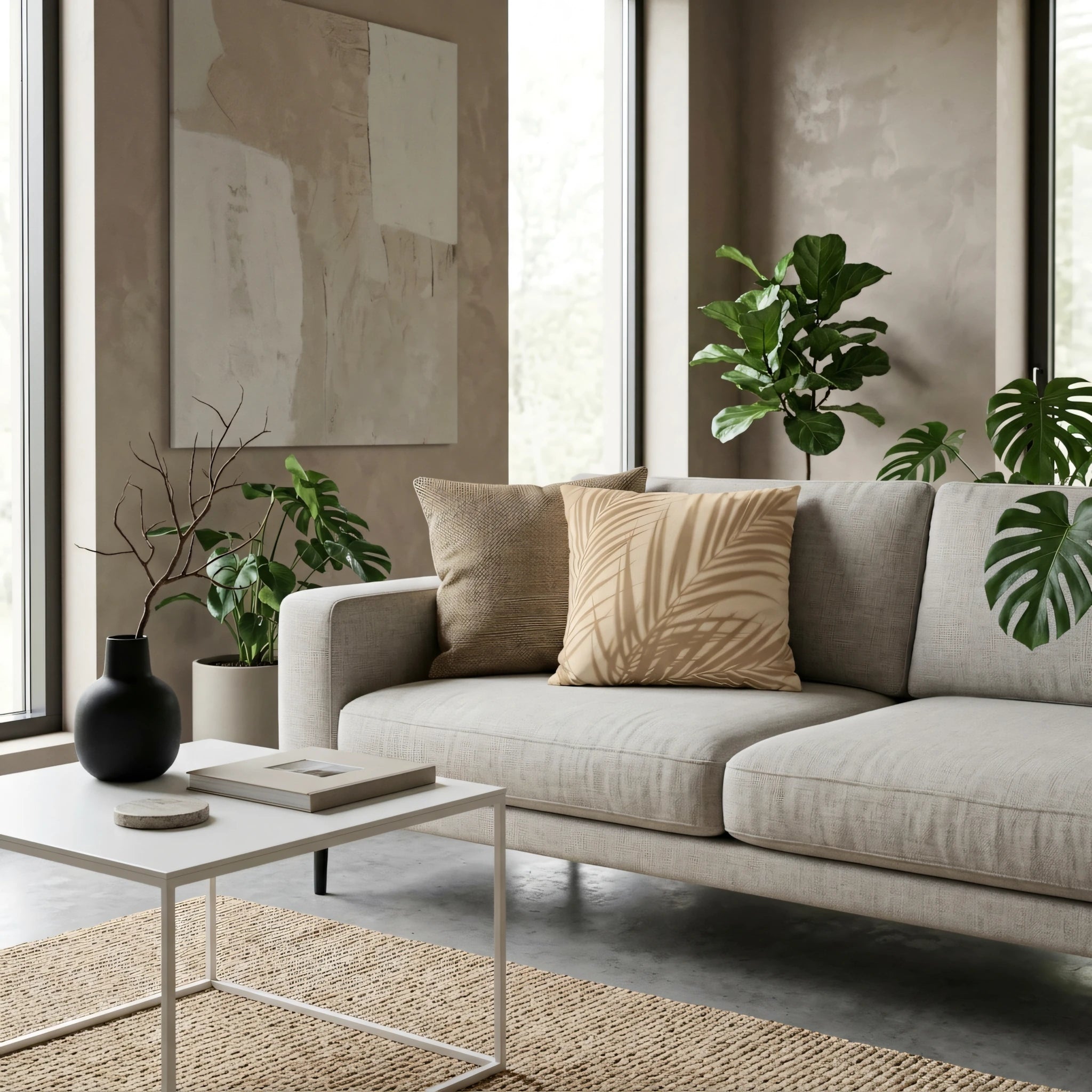 Modern beige cushion with a palm leaf pattern on a sofa in a minimalist living room with indoor plants and neutral decor.