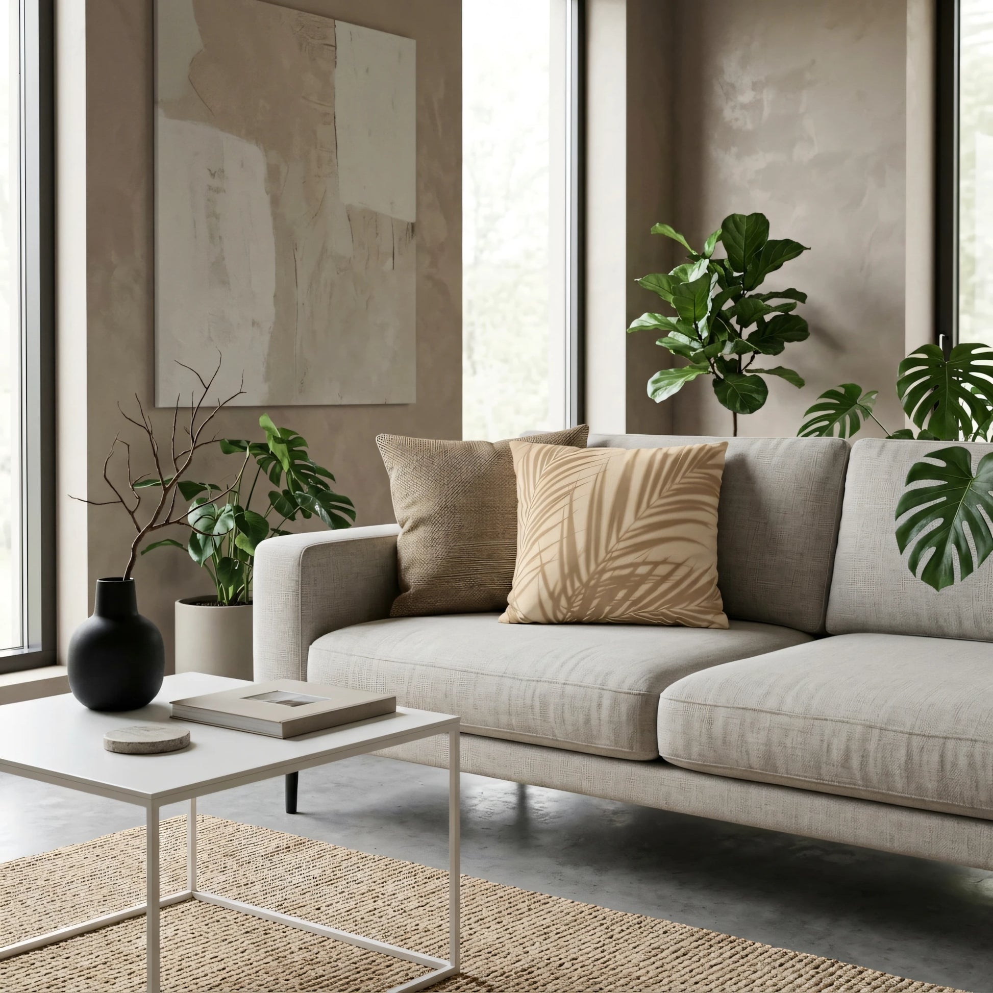 Modern beige cushion with a palm leaf pattern on a sofa in a minimalist living room with indoor plants and neutral decor.