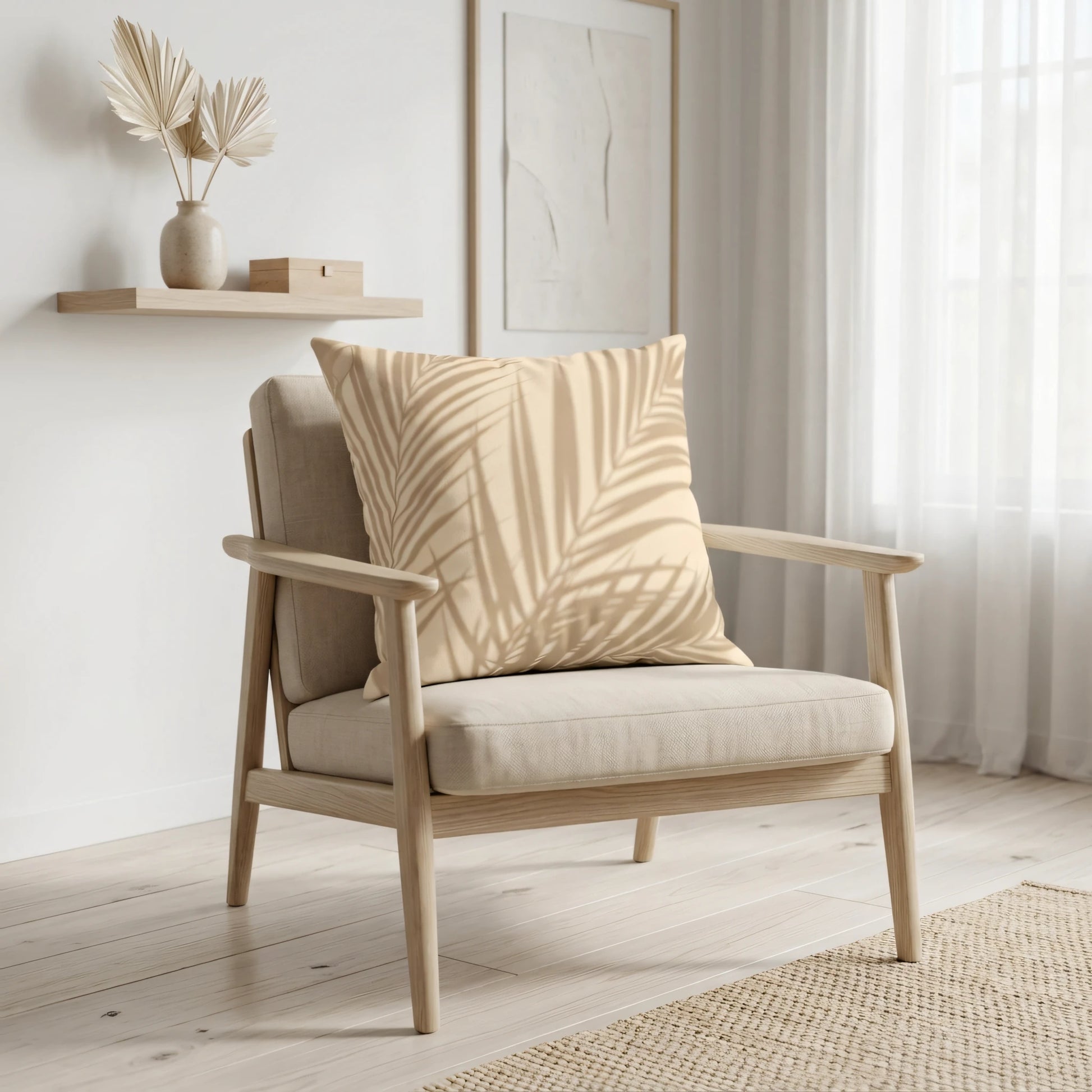 Minimalist throw pillow with a cream palm leaf shadow pattern on a light wooden armchair in a bright, neutral lifestyle interior.