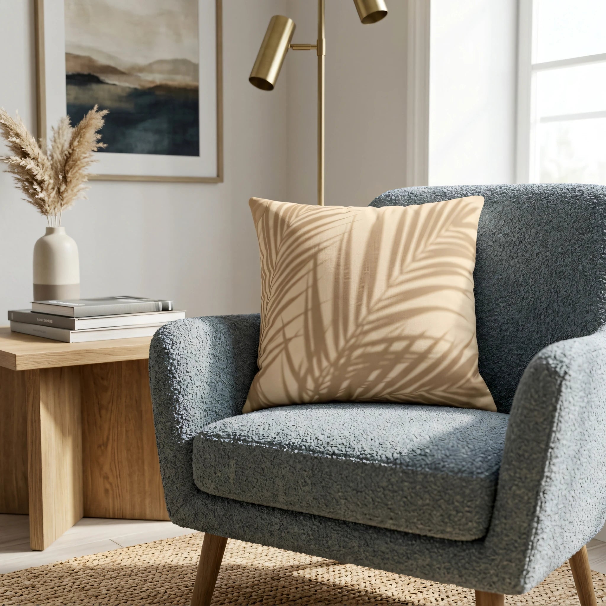Decorative beige pillow featuring a palm leaf shadow print on a blue bouclé armchair in a stylish, light-filled living room.