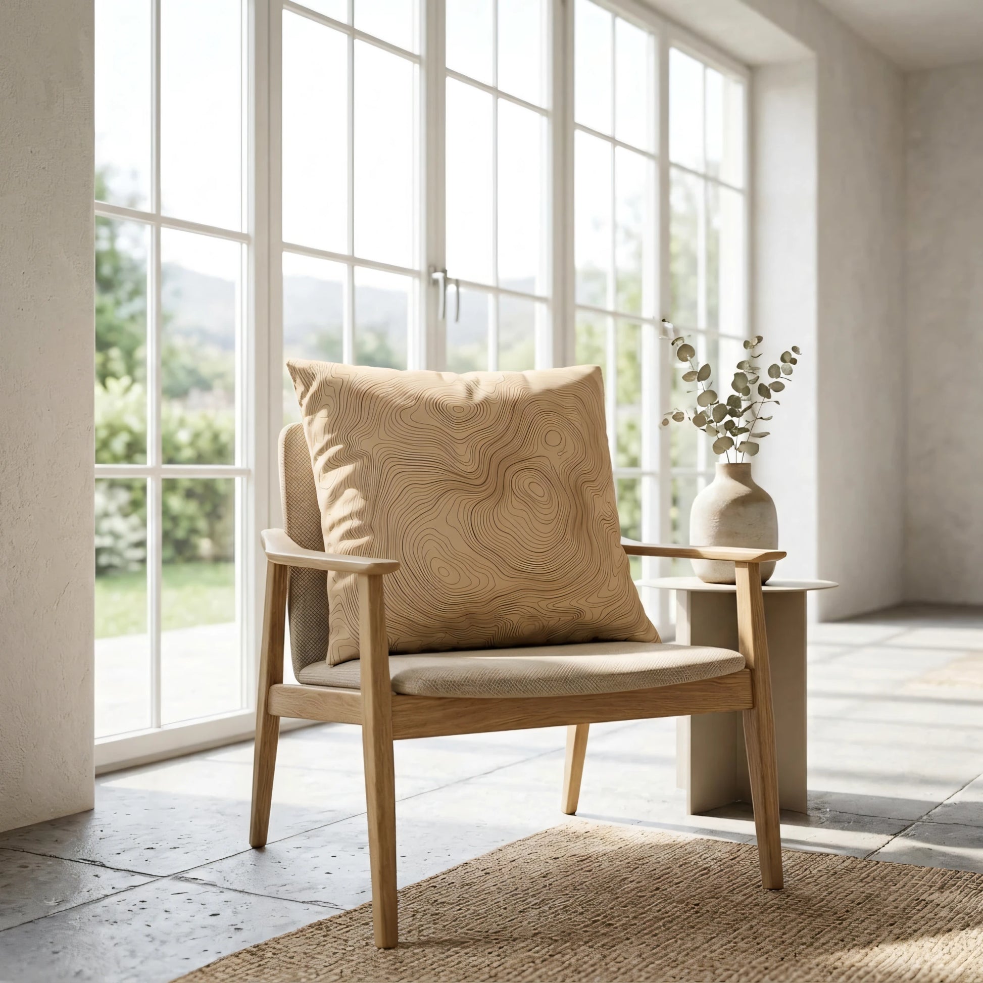 Earthy beige cushion featuring a topographic design on a minimalist wooden armchair in a sun-drenched room with large windows.