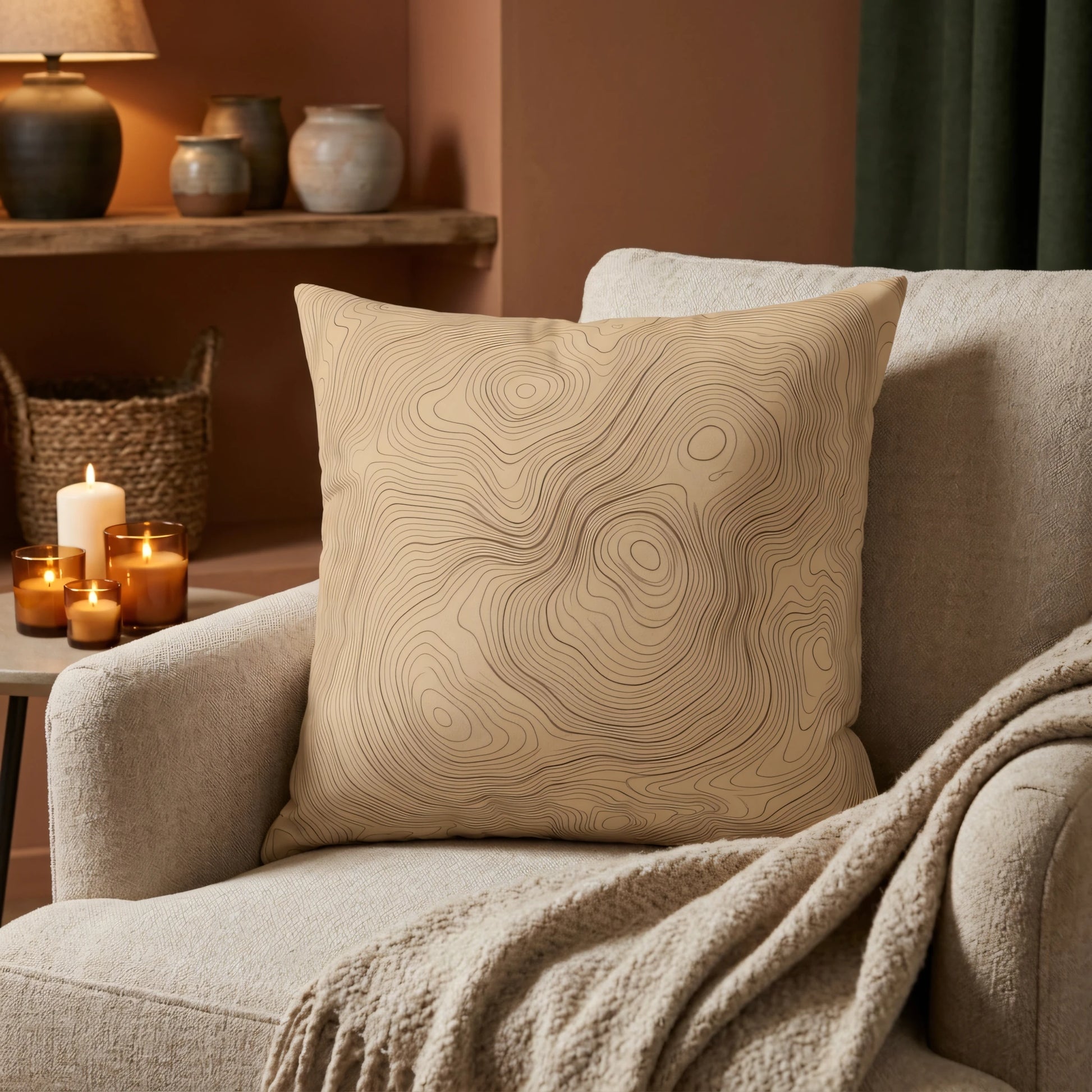 Tan topographic pattern cushion on a cream armchair in a cozy living room with warm lighting, candles, and a soft throw blanket.